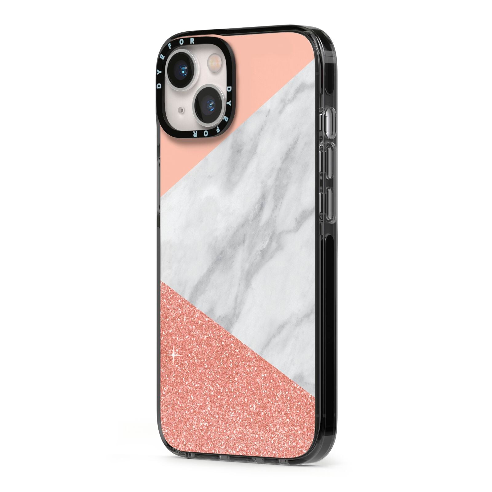 Marble White Rose Gold iPhone 13 Black Impact Case Side Angle on Silver phone