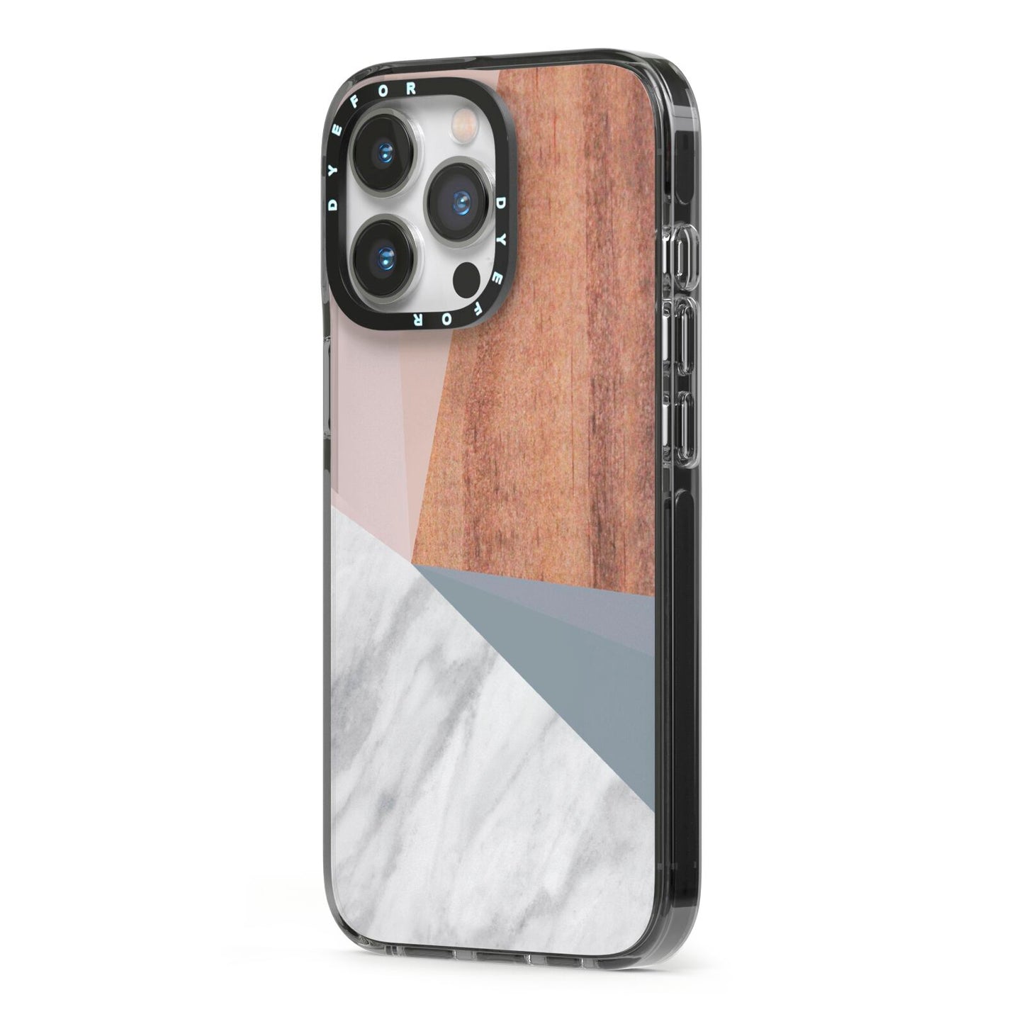 Marble Wood Geometric 1 iPhone 13 Pro Black Impact Case Side Angle on Silver phone