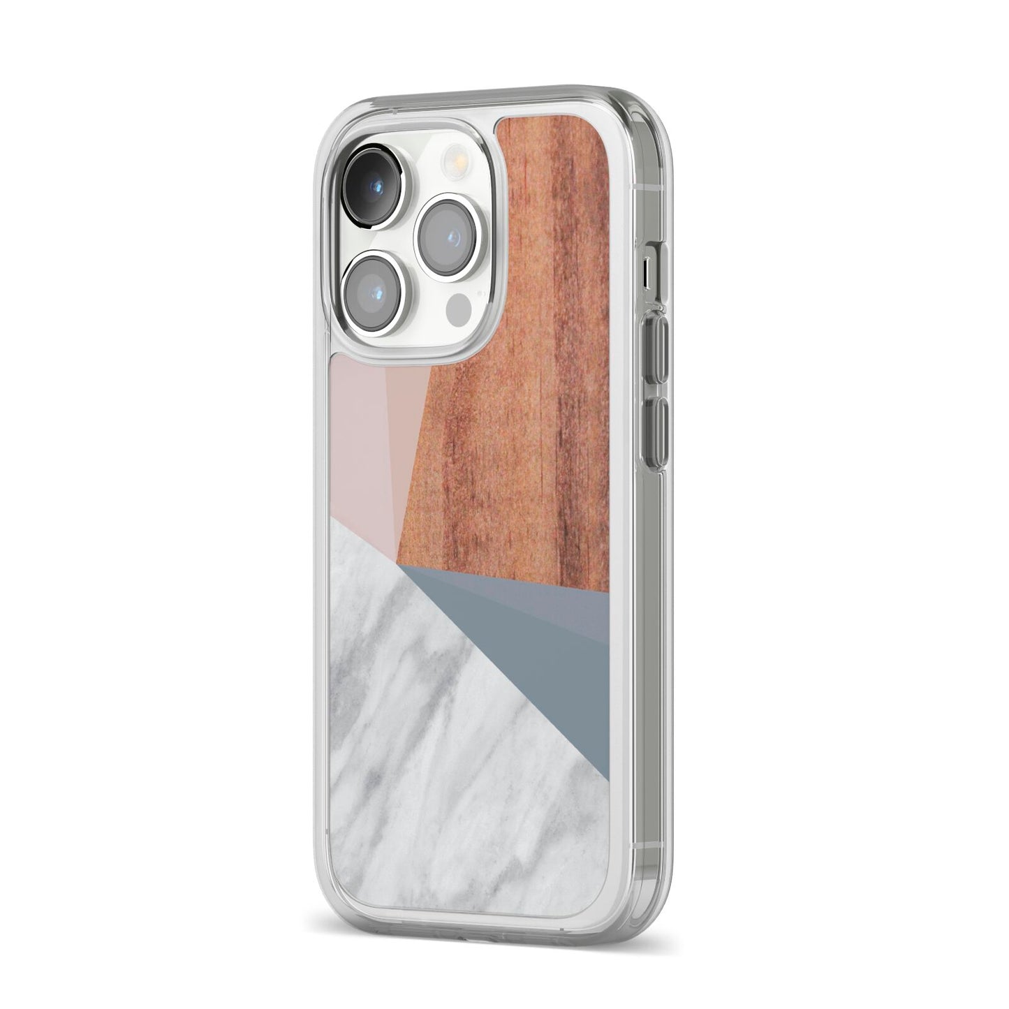 Marble Wood Geometric 1 iPhone 14 Pro Clear Tough Case Silver Angled Image