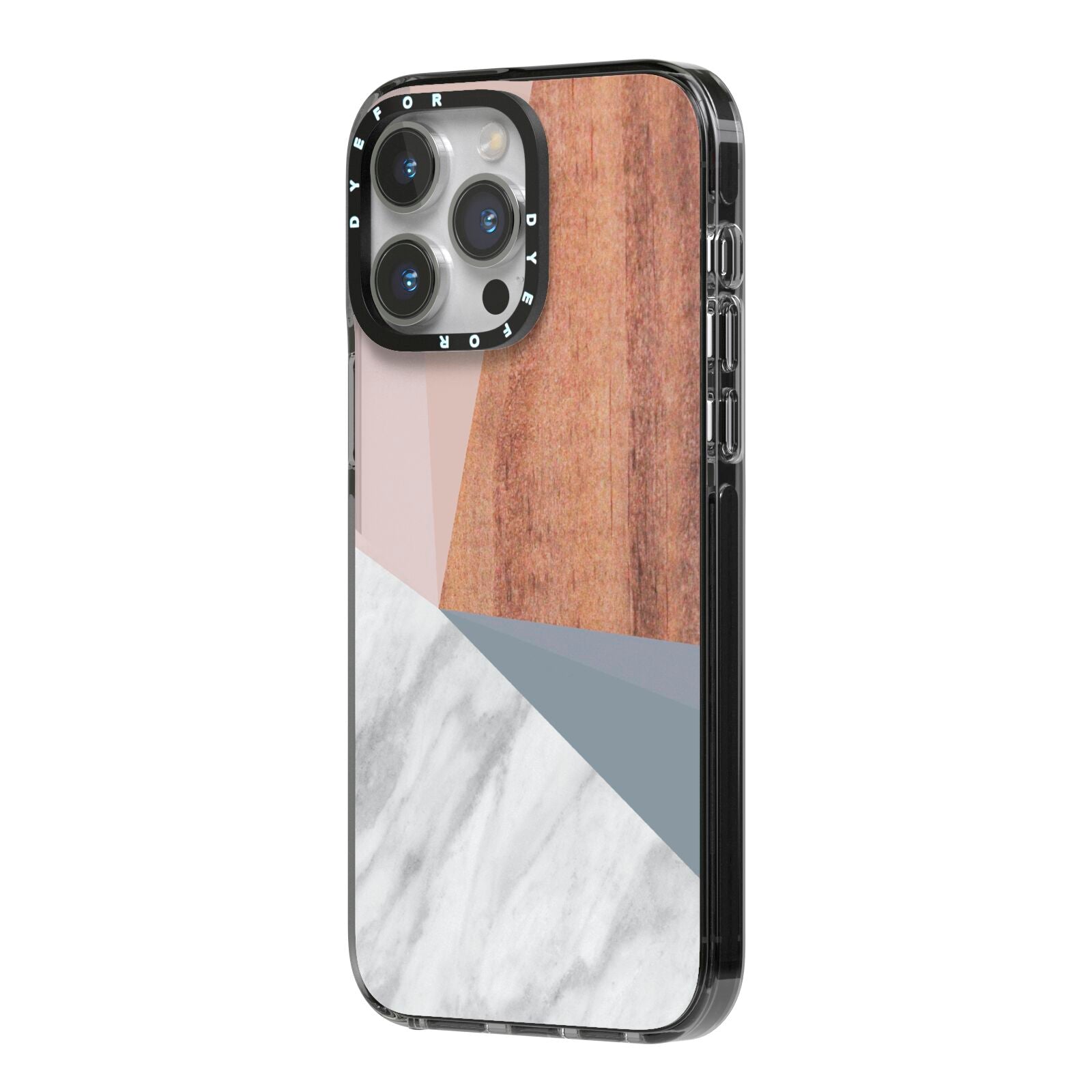Marble Wood Geometric 1 iPhone 14 Pro Max Black Impact Case Side Angle on Silver phone
