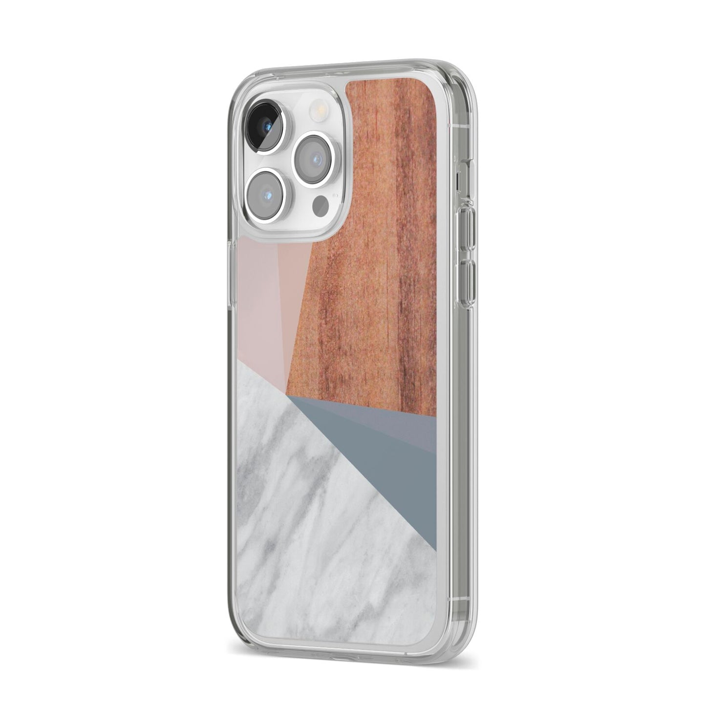 Marble Wood Geometric 1 iPhone 14 Pro Max Clear Tough Case Silver Angled Image
