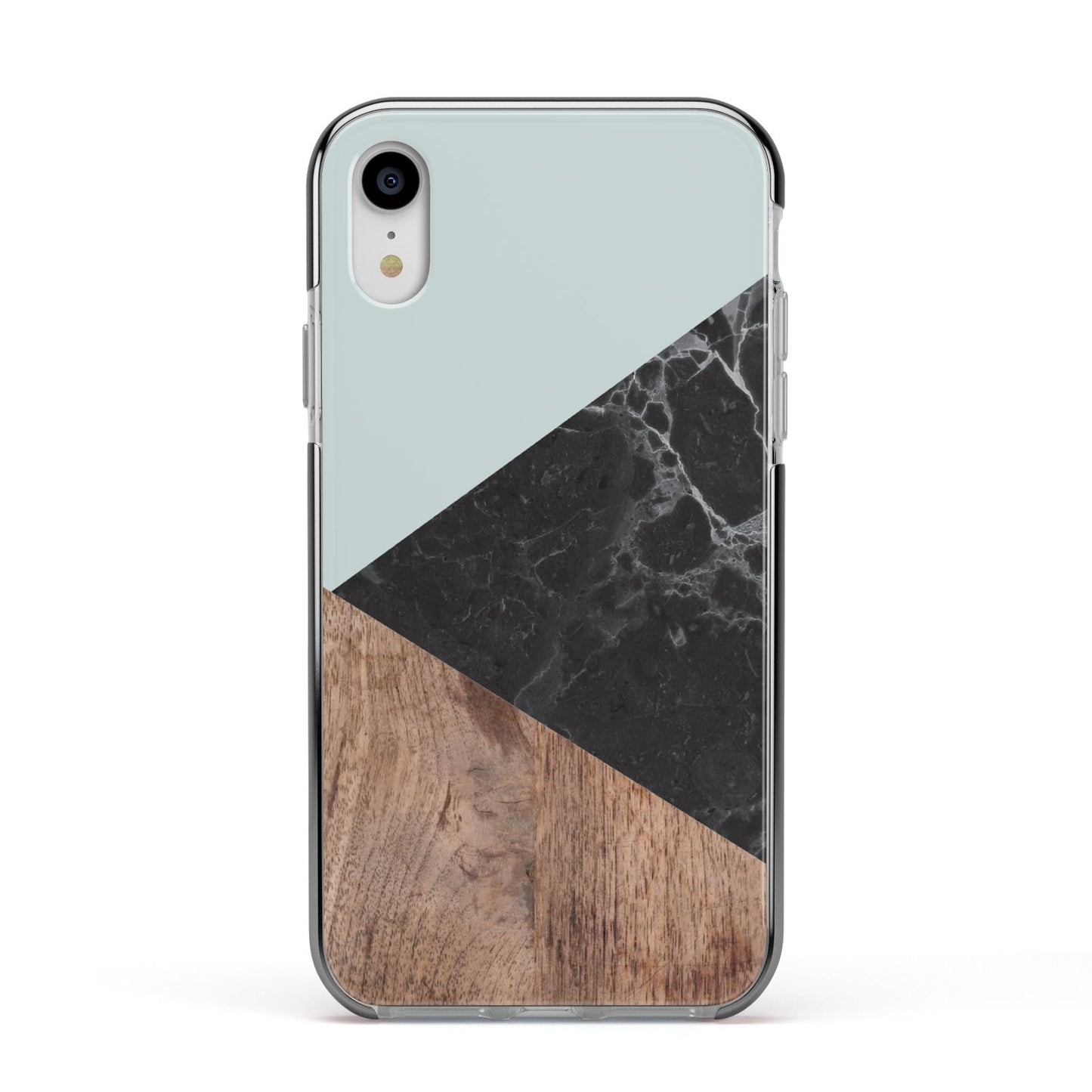 Marble Wood Geometric 2 Apple iPhone XR Impact Case Black Edge on Silver Phone