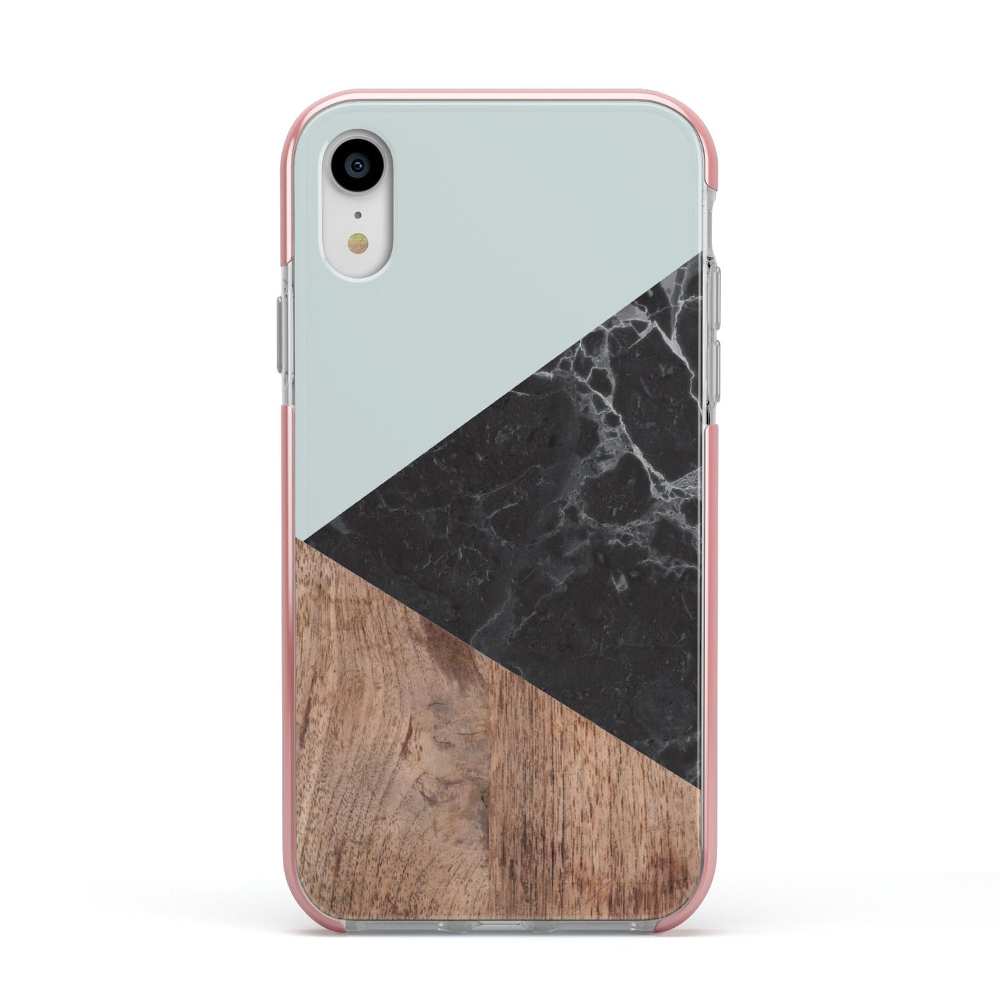 Marble Wood Geometric 2 Apple iPhone XR Impact Case Pink Edge on Silver Phone