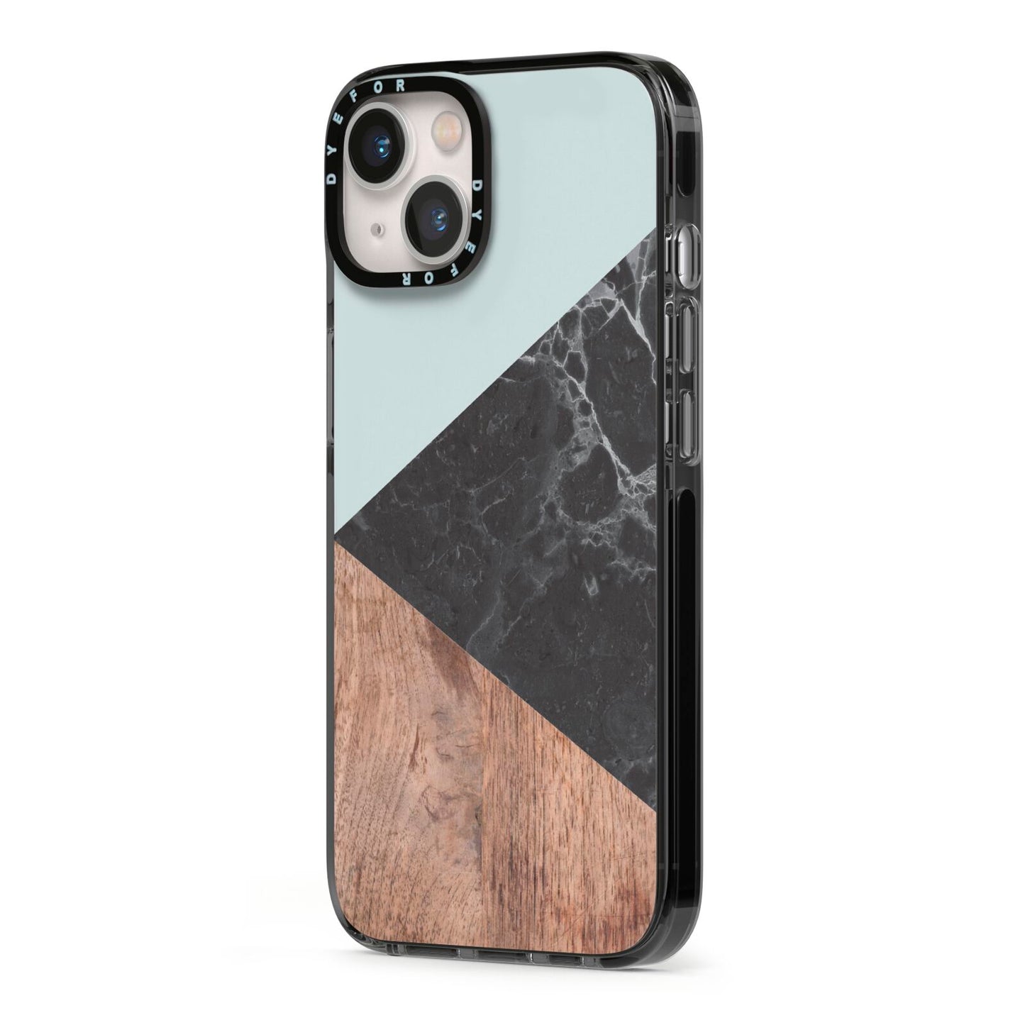 Marble Wood Geometric 2 iPhone 13 Black Impact Case Side Angle on Silver phone