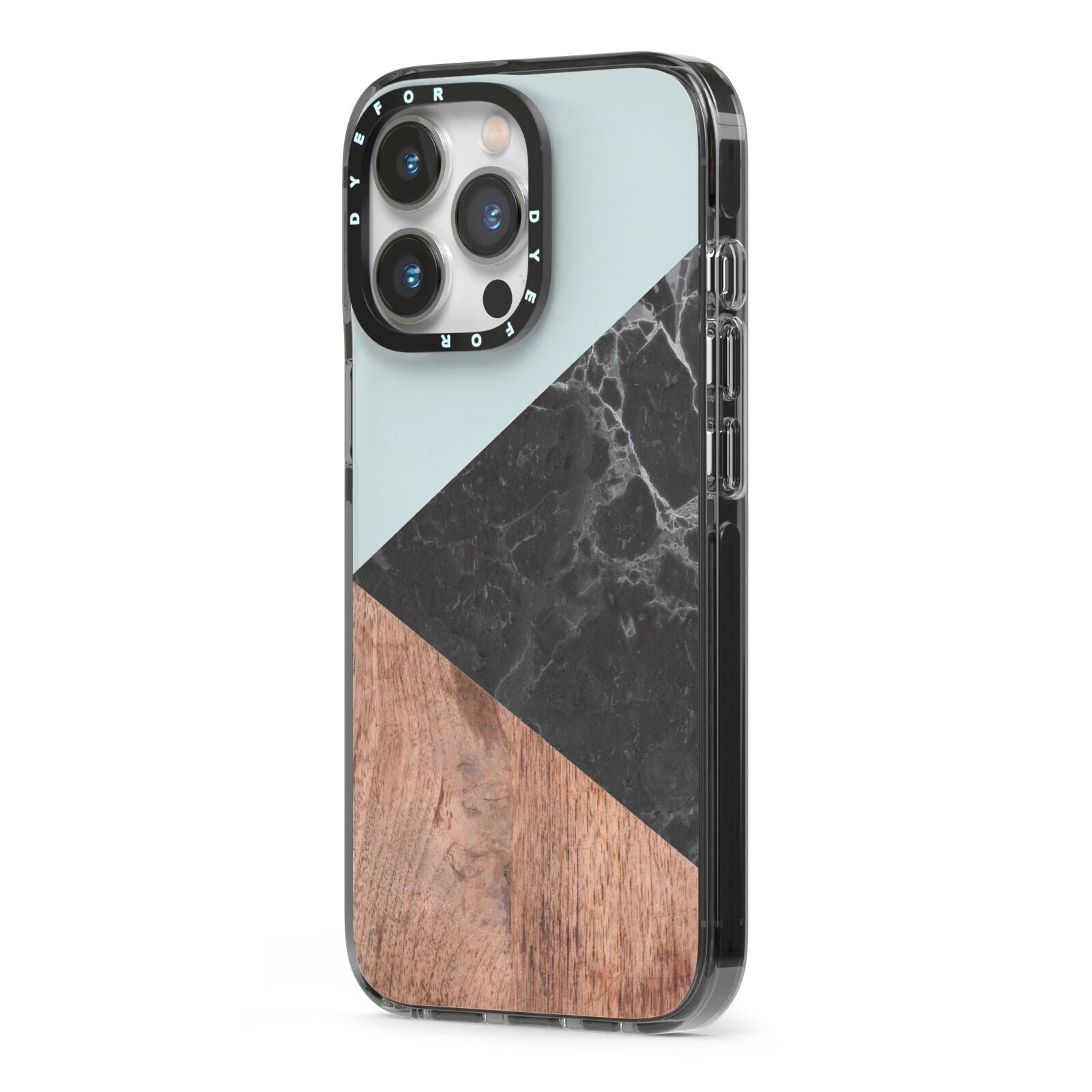 Marble Wood Geometric 2 iPhone 13 Pro Black Impact Case Side Angle on Silver phone