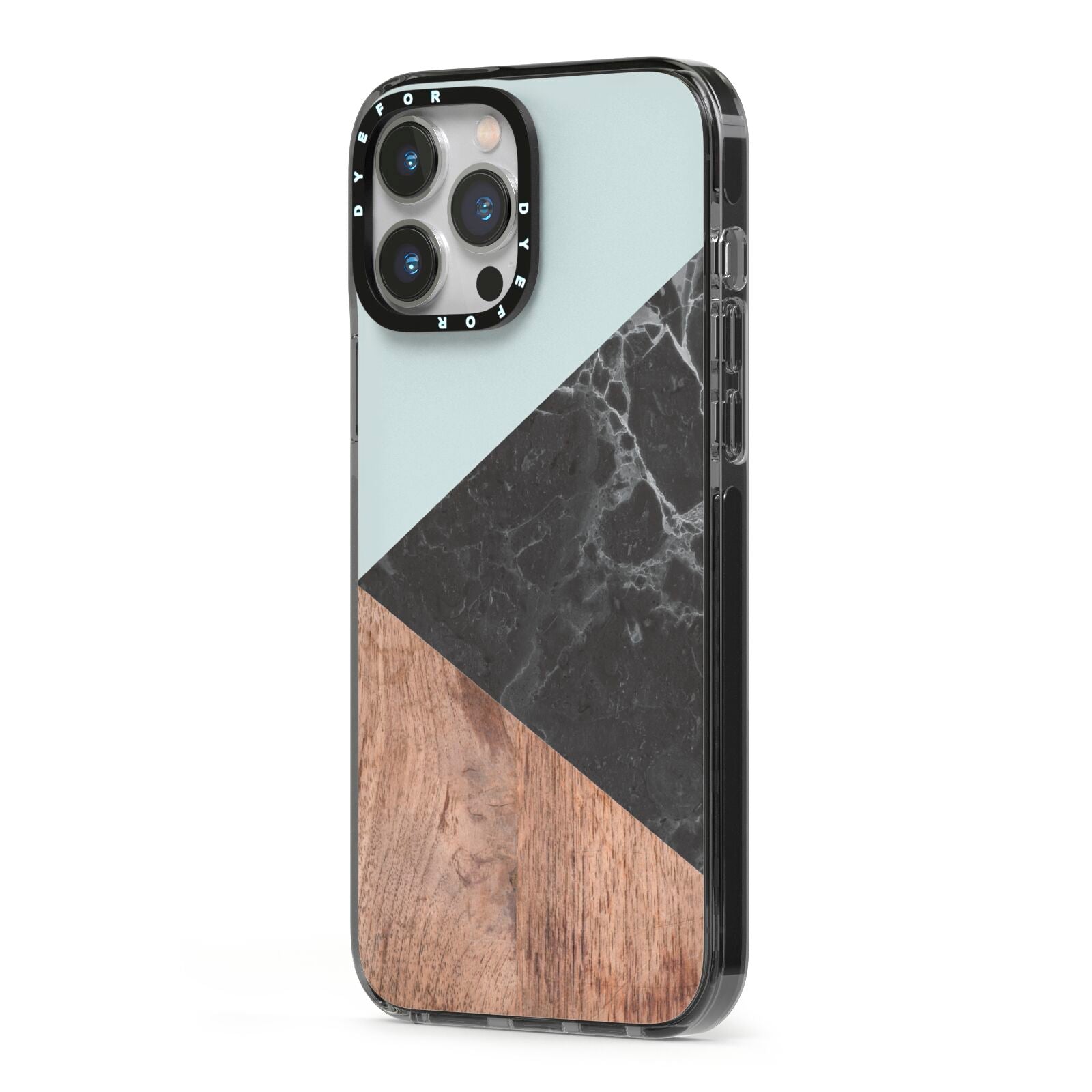 Marble Wood Geometric 2 iPhone 13 Pro Max Black Impact Case Side Angle on Silver phone