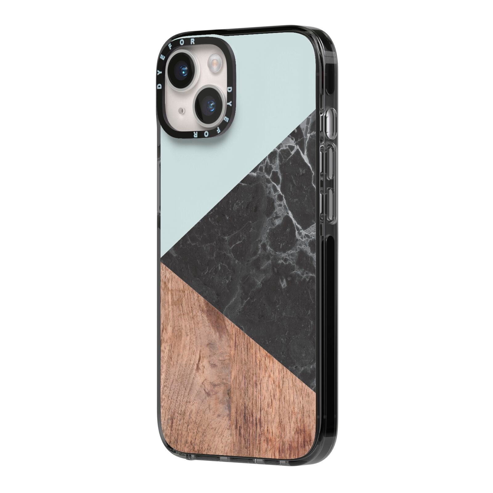 Marble Wood Geometric 2 iPhone 14 Black Impact Case Side Angle on Silver phone