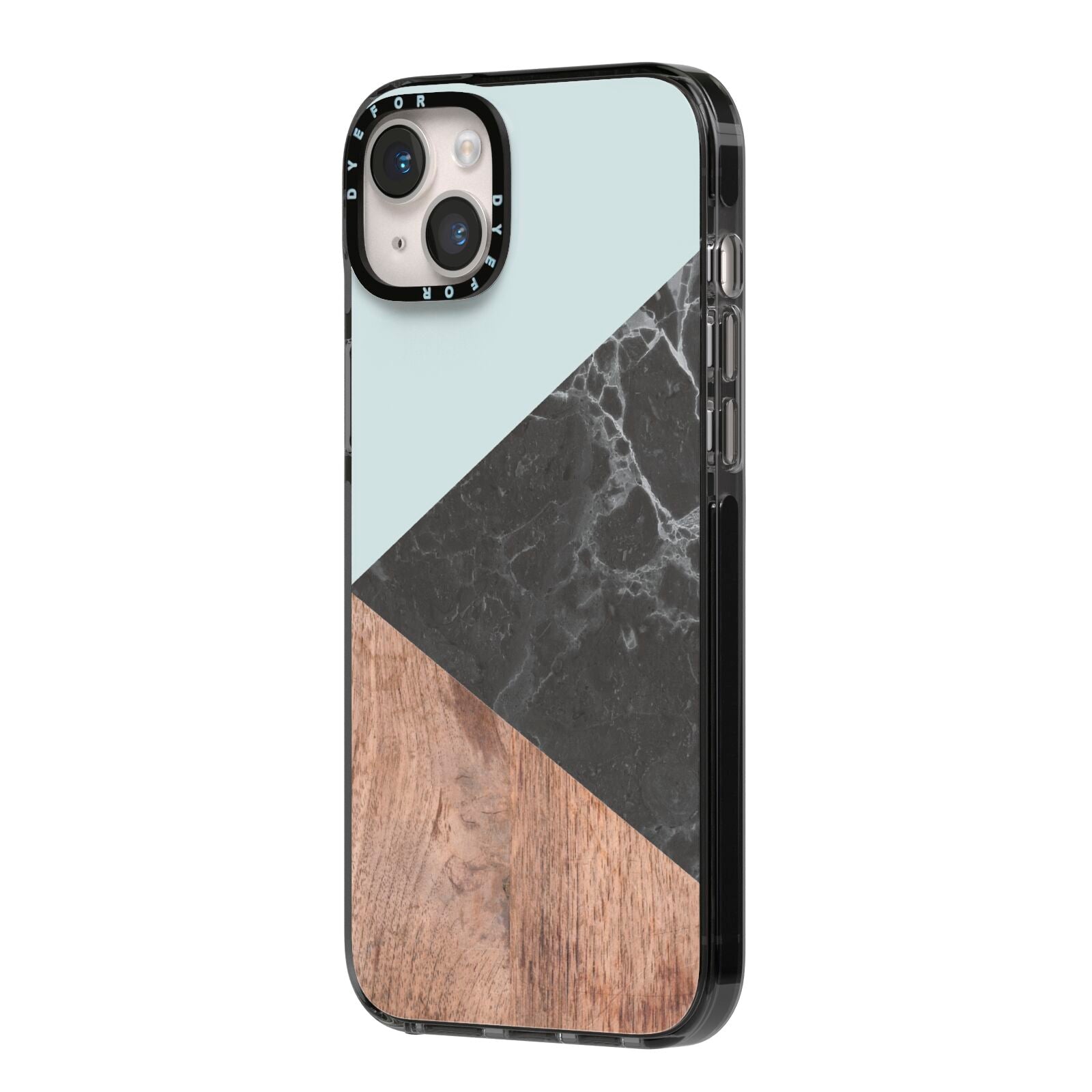 Marble Wood Geometric 2 iPhone 14 Plus Black Impact Case Side Angle on Silver phone