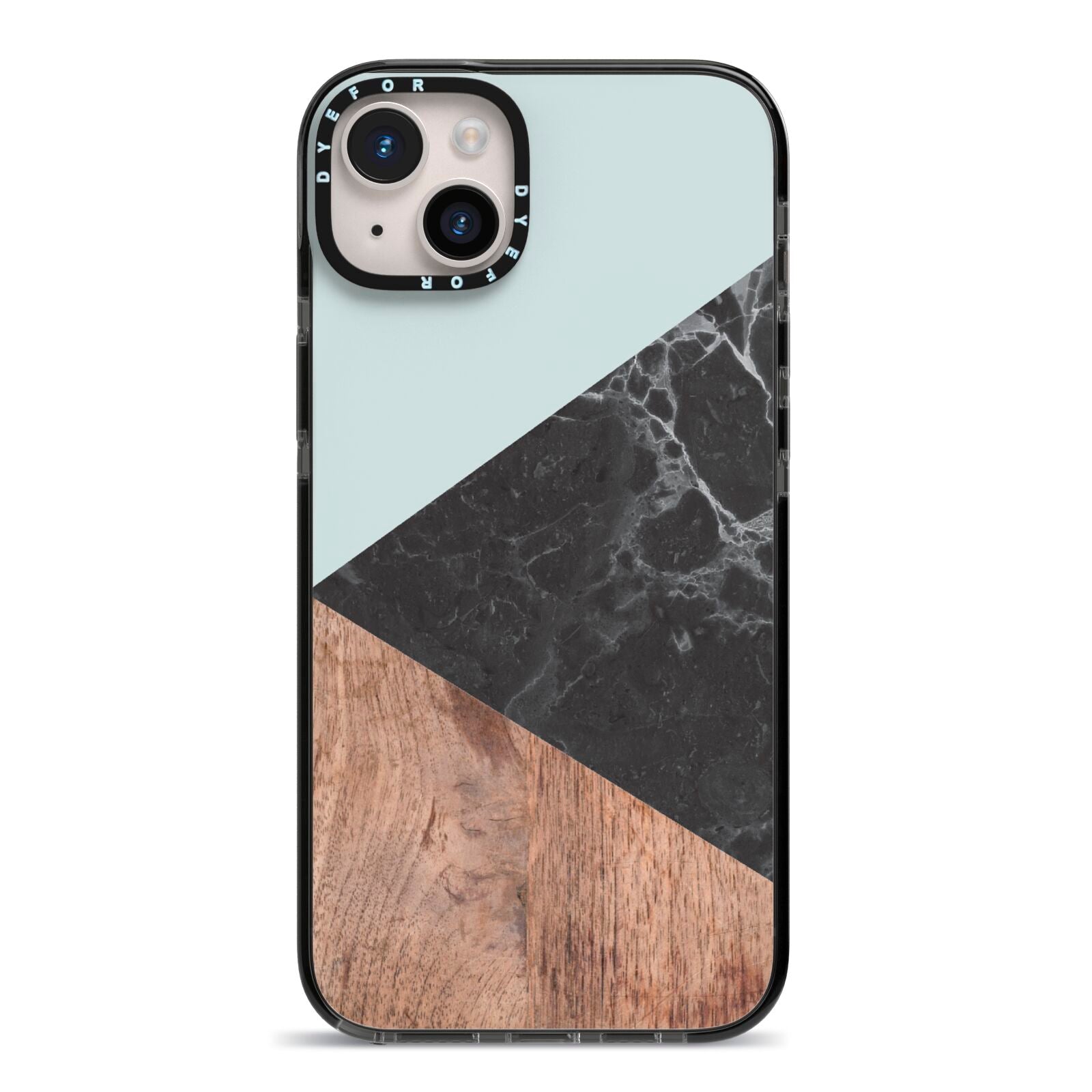 Marble Wood Geometric 2 iPhone 14 Plus Black Impact Case on Silver phone