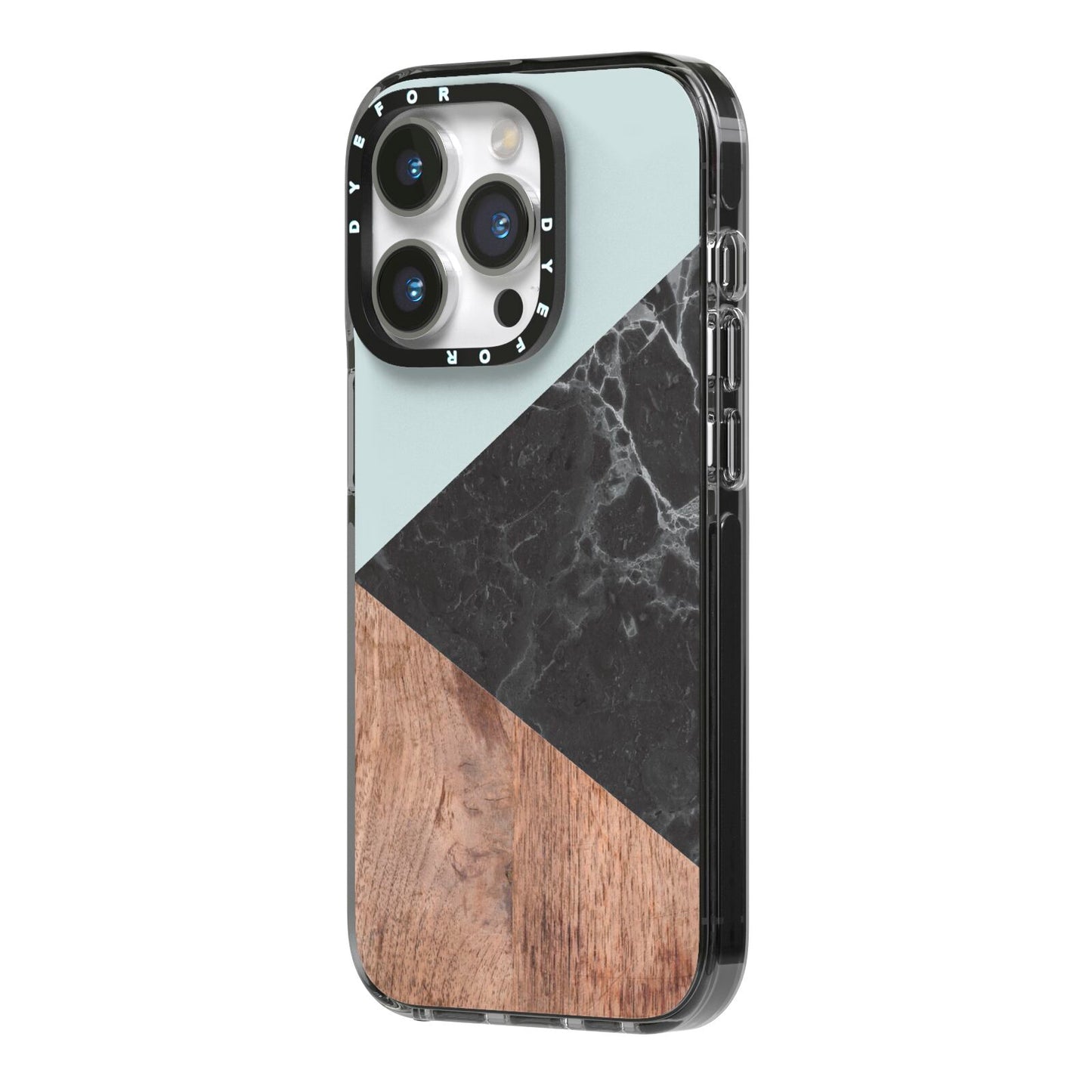 Marble Wood Geometric 2 iPhone 14 Pro Black Impact Case Side Angle on Silver phone