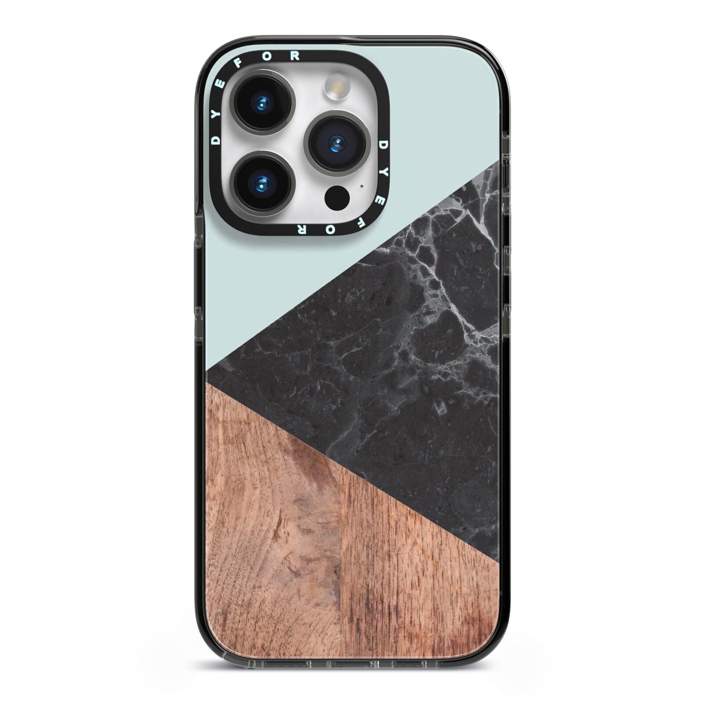 Marble Wood Geometric 2 iPhone 14 Pro Black Impact Case on Silver phone