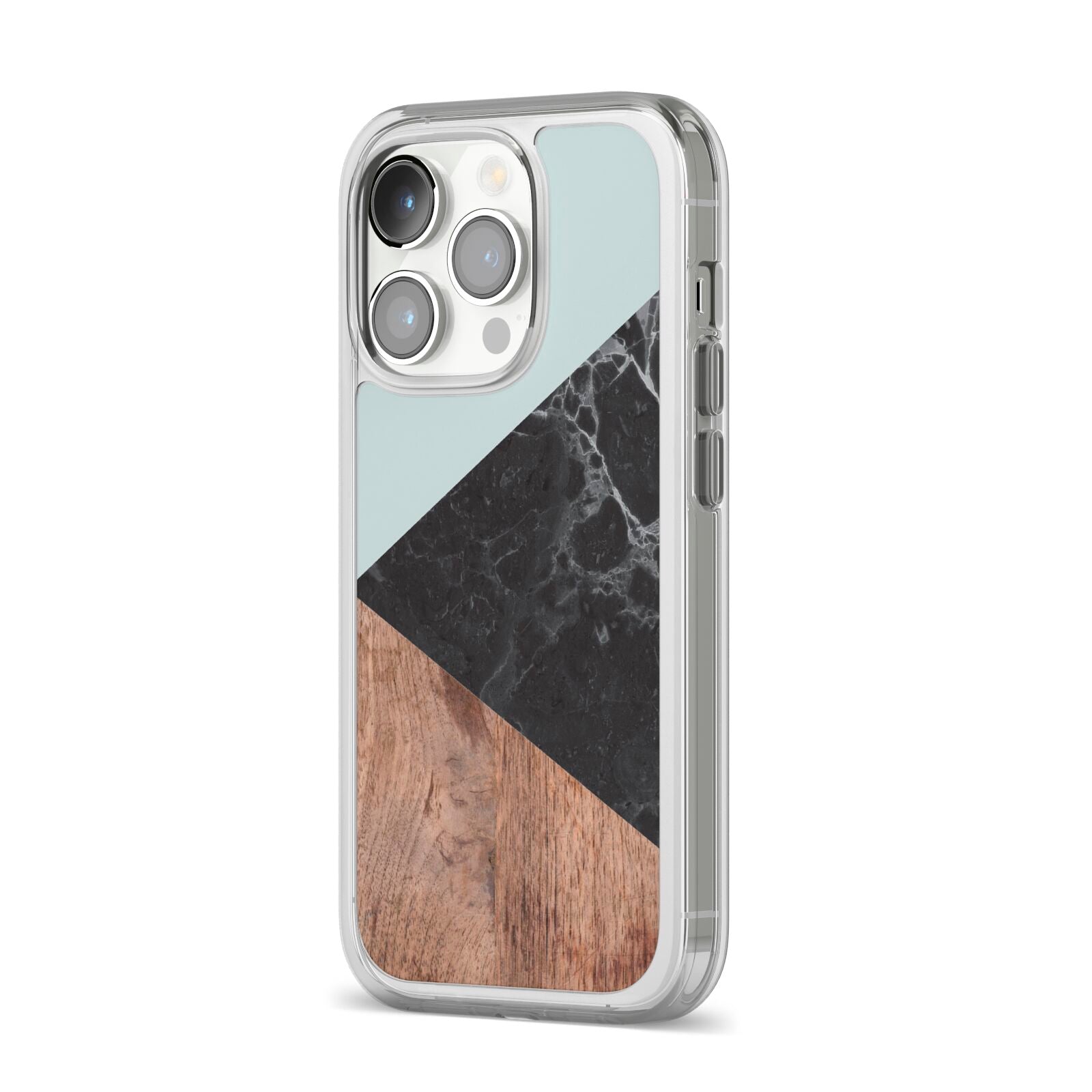 Marble Wood Geometric 2 iPhone 14 Pro Clear Tough Case Silver Angled Image