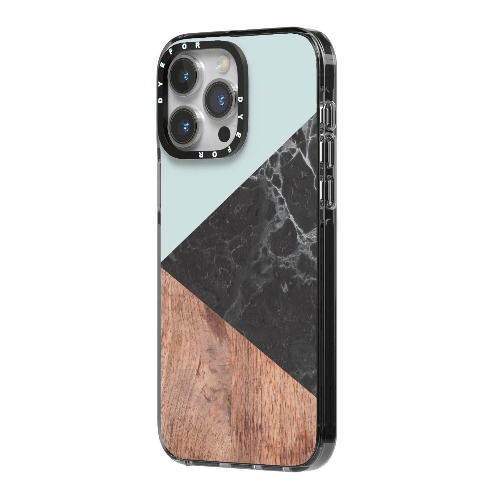 Marble Wood Geometric 2 iPhone 14 Pro Max Black Impact Case Side Angle on Silver phone