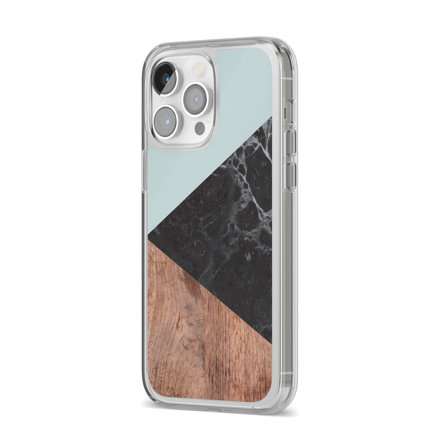 Marble Wood Geometric 2 iPhone 14 Pro Max Clear Tough Case Silver Angled Image