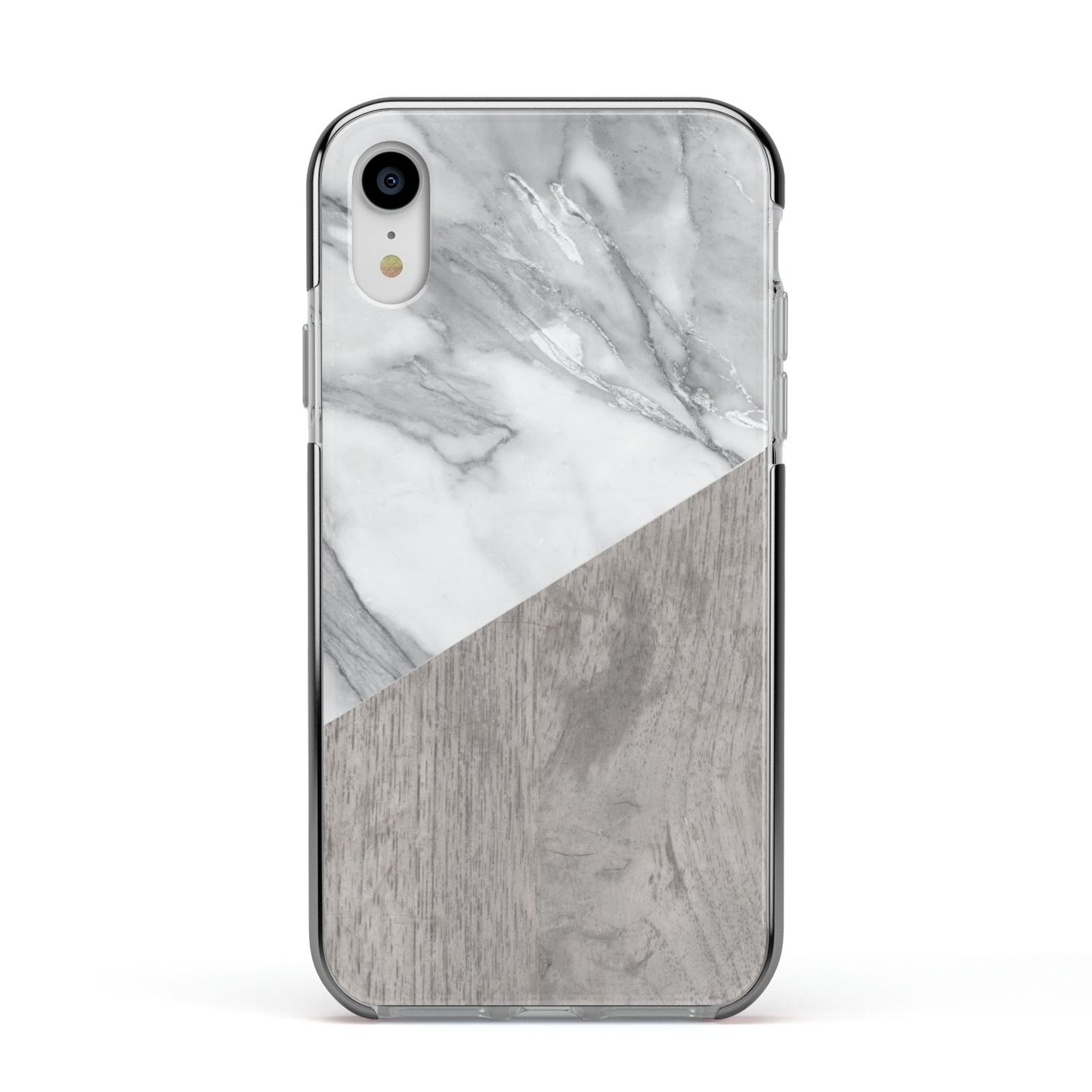 Marble Wood Geometric 5 Apple iPhone XR Impact Case Black Edge on Silver Phone