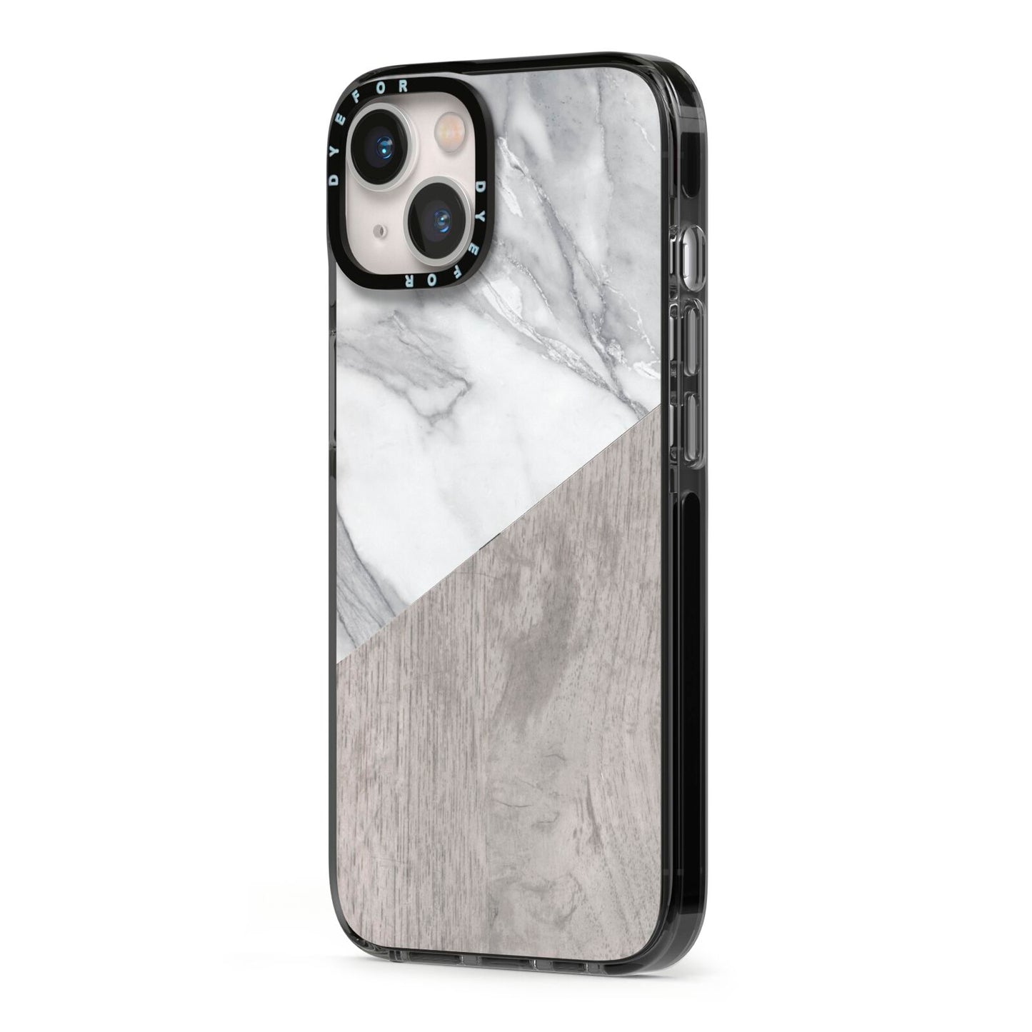 Marble Wood Geometric 5 iPhone 13 Black Impact Case Side Angle on Silver phone