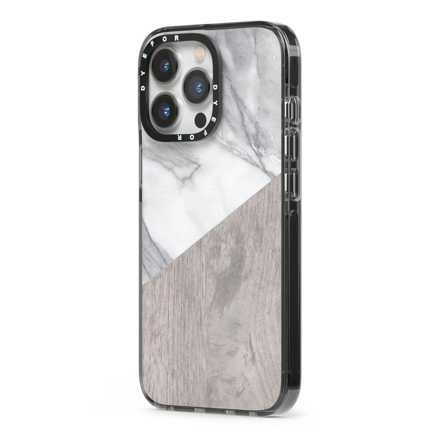 Marble Wood Geometric 5 iPhone 13 Pro Black Impact Case Side Angle on Silver phone