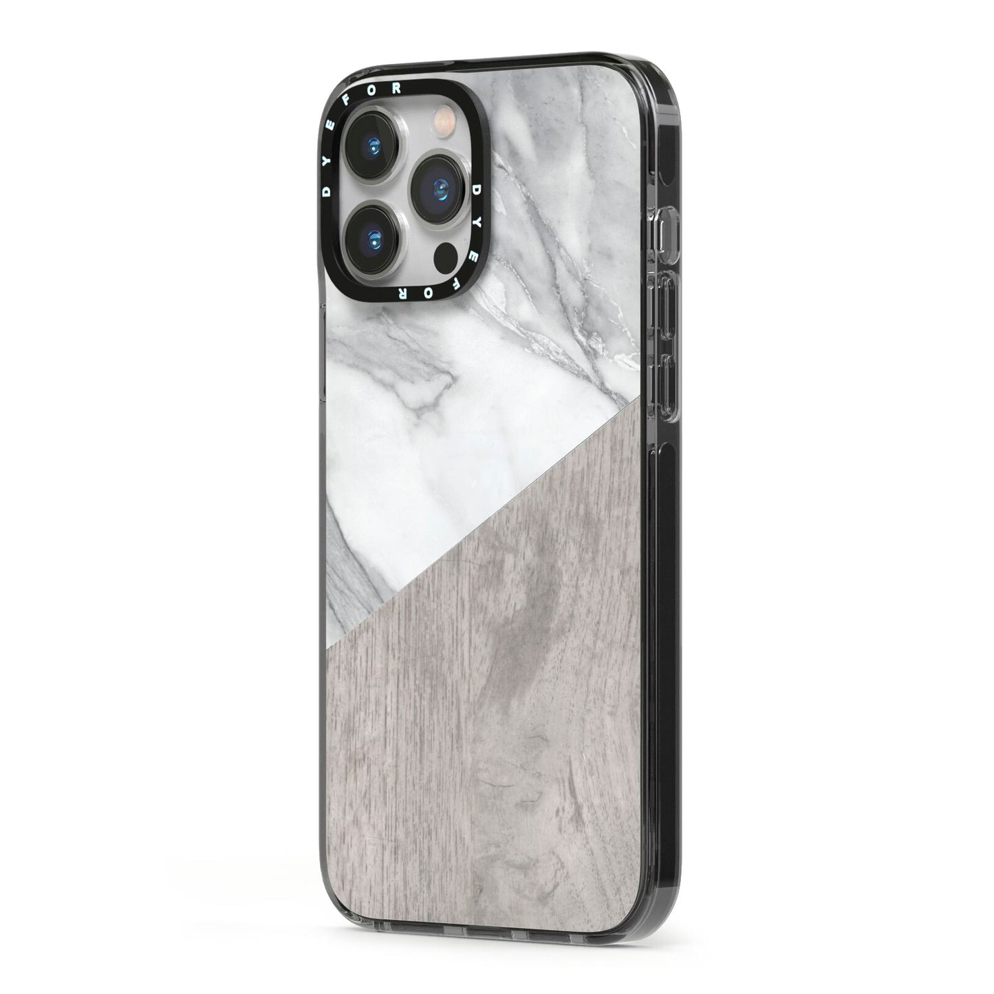 Marble Wood Geometric 5 iPhone 13 Pro Max Black Impact Case Side Angle on Silver phone