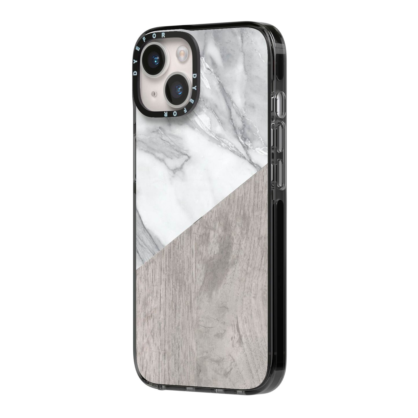 Marble Wood Geometric 5 iPhone 14 Black Impact Case Side Angle on Silver phone