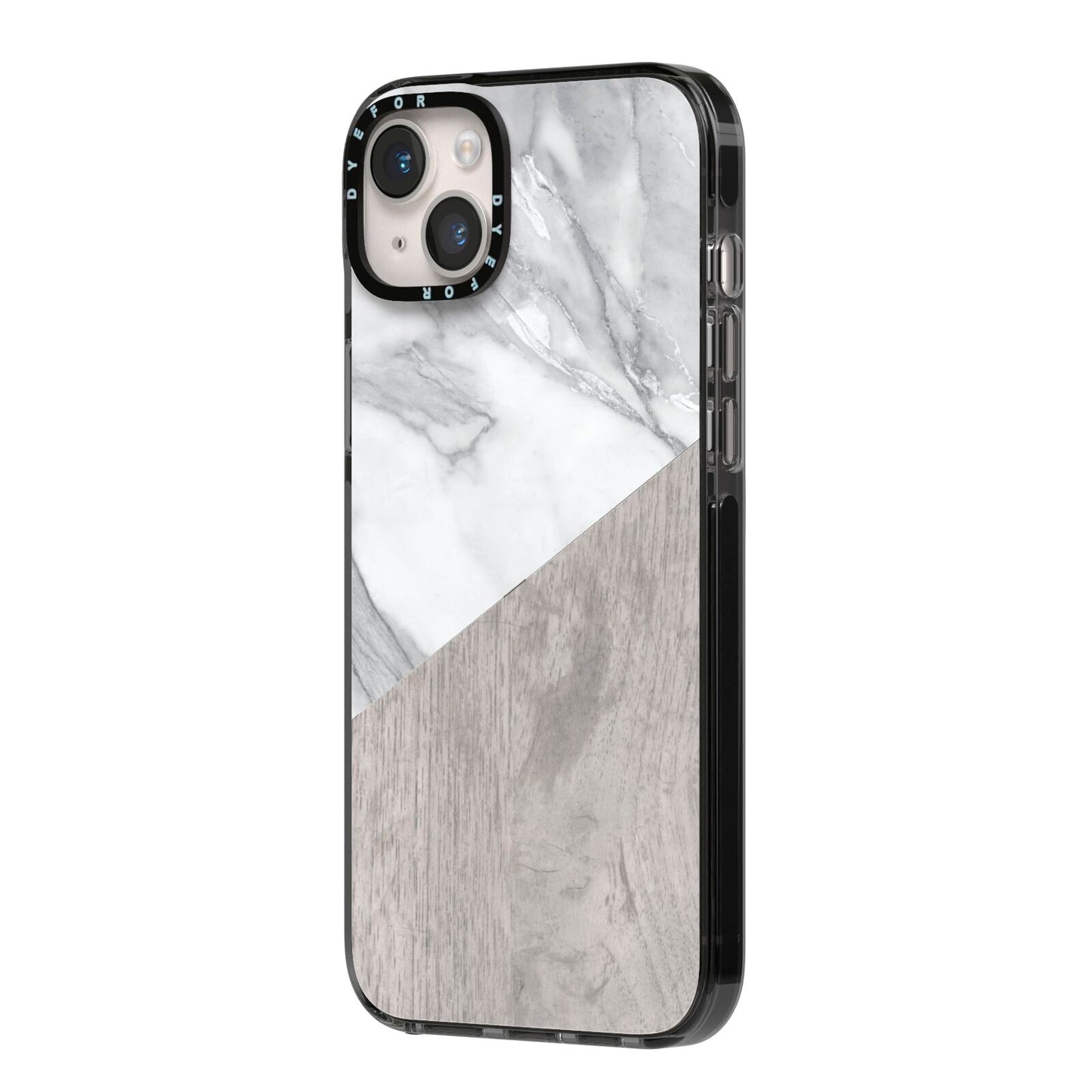 Marble Wood Geometric 5 iPhone 14 Plus Black Impact Case Side Angle on Silver phone