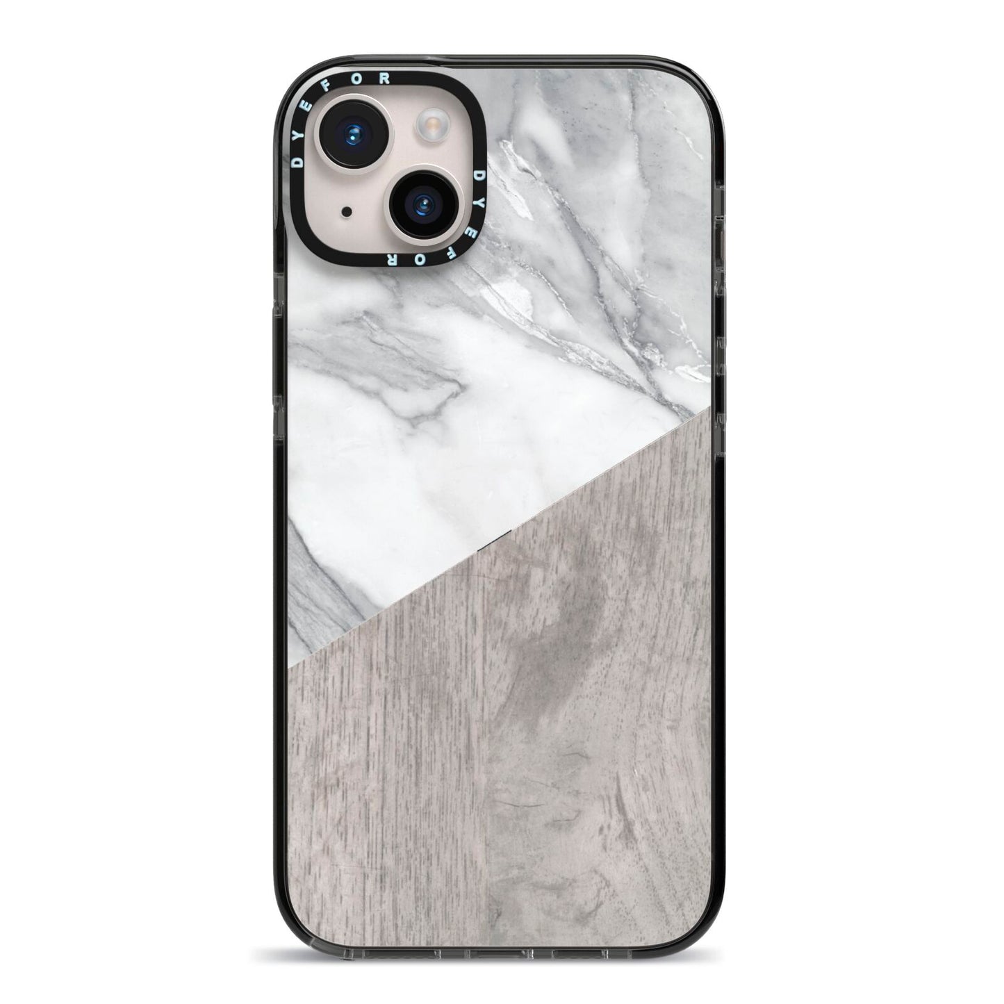 Marble Wood Geometric 5 iPhone 14 Plus Black Impact Case on Silver phone