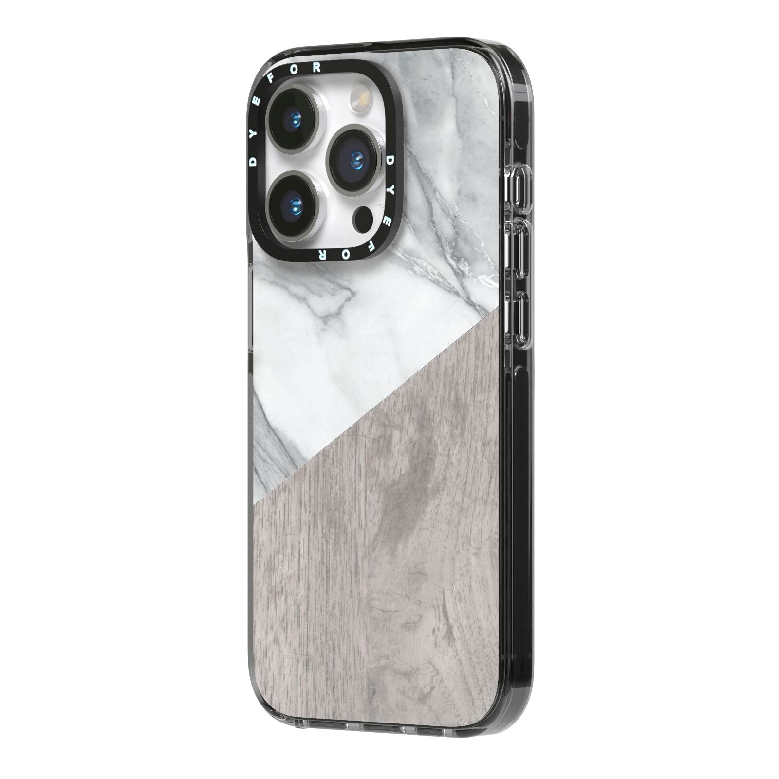 Marble Wood Geometric 5 iPhone 14 Pro Black Impact Case Side Angle on Silver phone