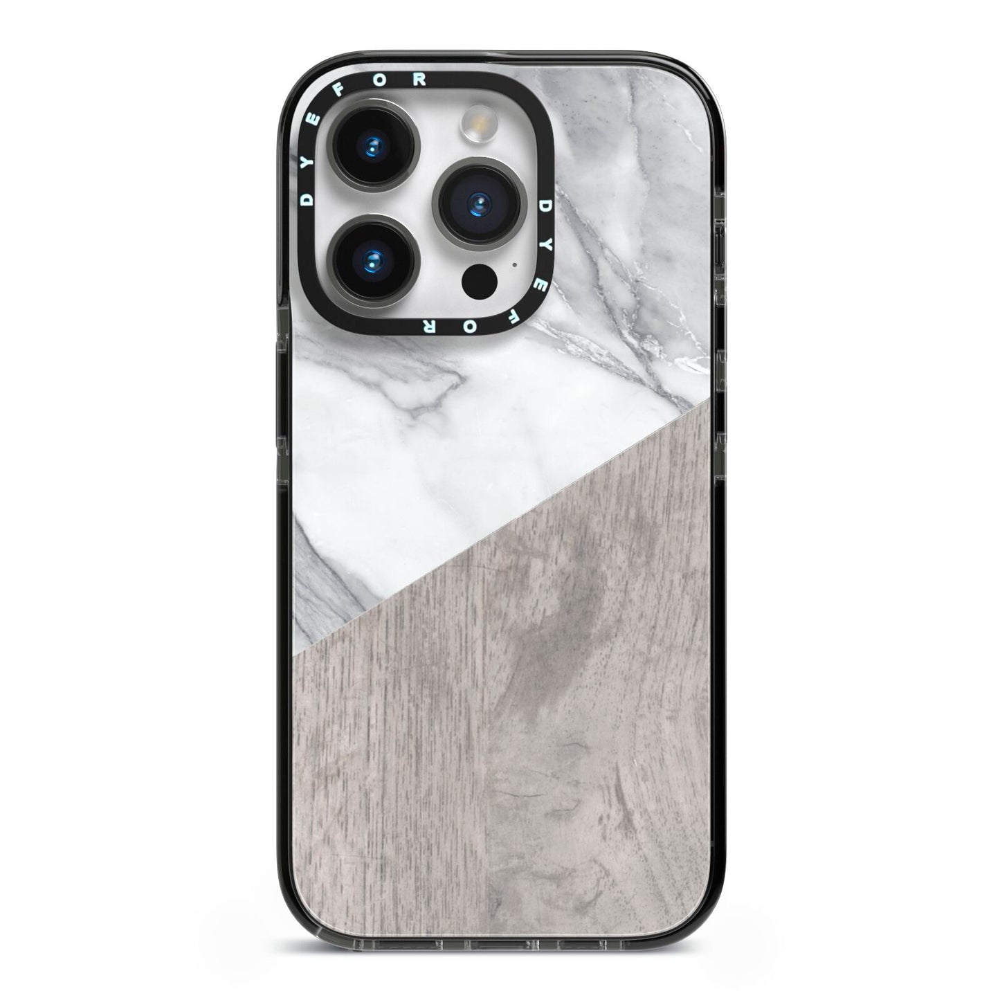 Marble Wood Geometric 5 iPhone 14 Pro Black Impact Case on Silver phone