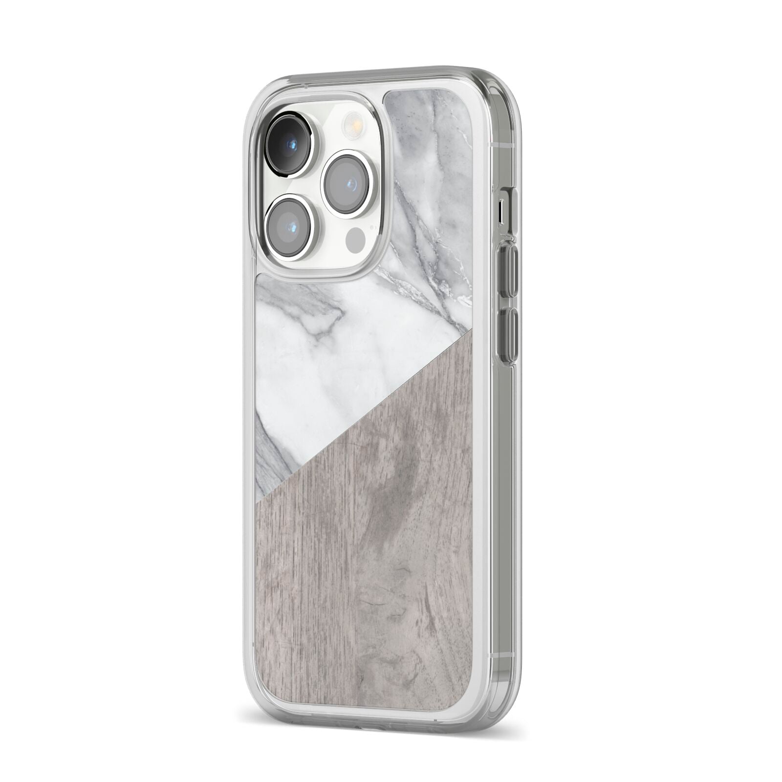 Marble Wood Geometric 5 iPhone 14 Pro Clear Tough Case Silver Angled Image