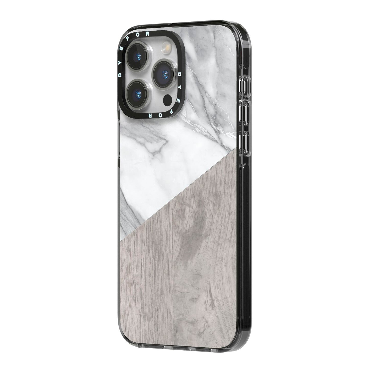 Marble Wood Geometric 5 iPhone 14 Pro Max Black Impact Case Side Angle on Silver phone