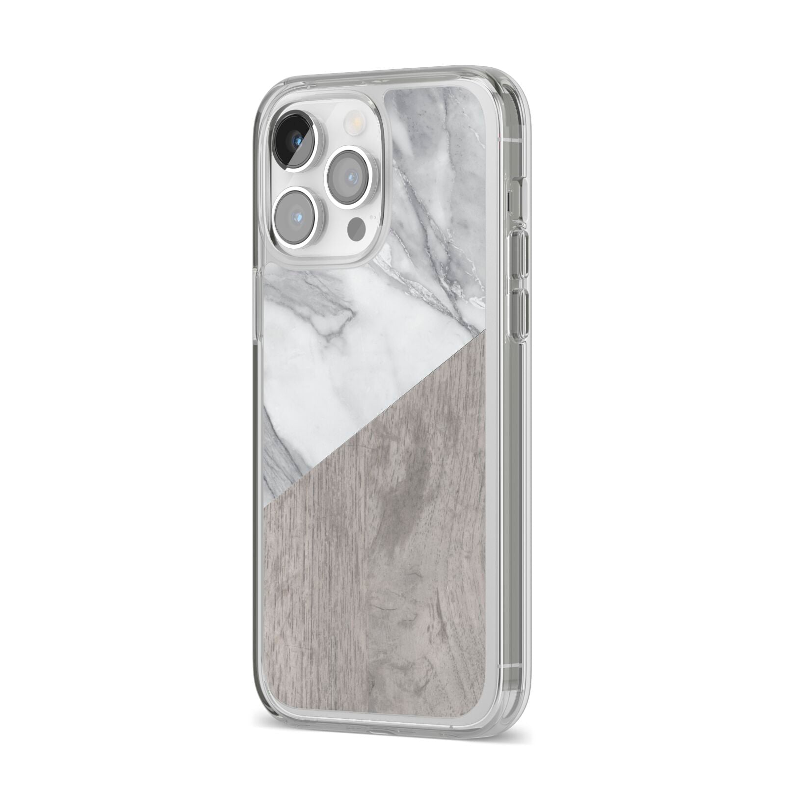 Marble Wood Geometric 5 iPhone 14 Pro Max Clear Tough Case Silver Angled Image