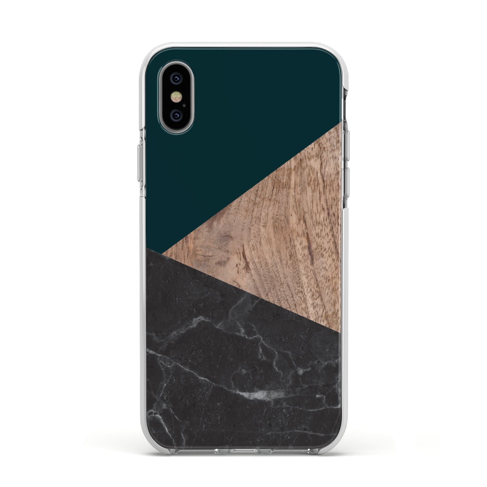 Marble Wood Geometric 6 Apple iPhone Xs Impact Case White Edge on Silver Phone