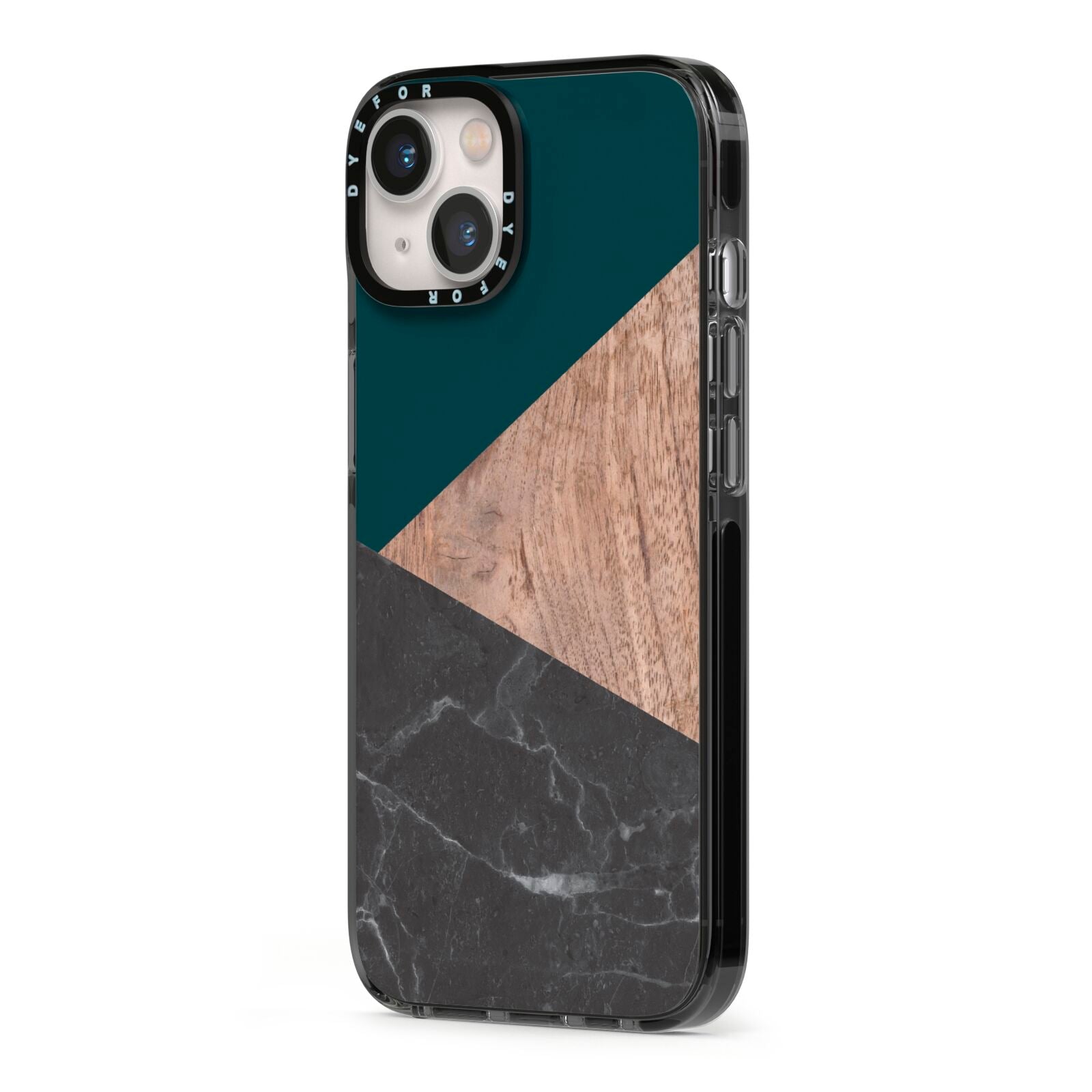 Marble Wood Geometric 6 iPhone 13 Black Impact Case Side Angle on Silver phone