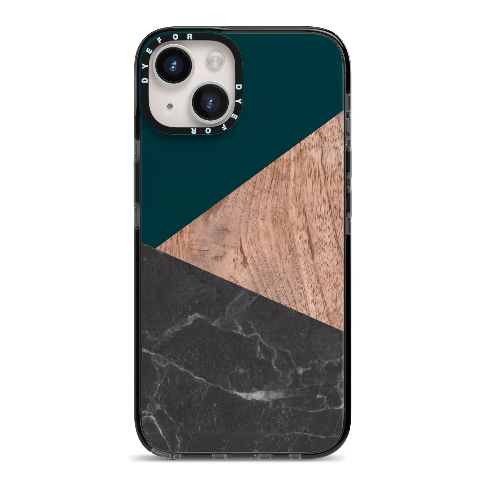 Marble Wood Geometric 6 iPhone 14 Black Impact Case on Silver phone