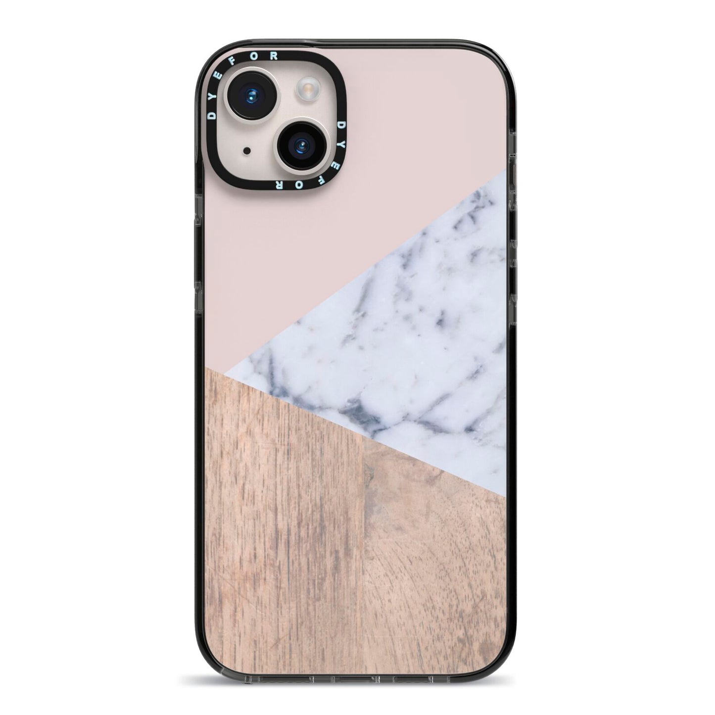 Marble Wood Geometric 7 iPhone 14 Plus Black Impact Case on Silver phone