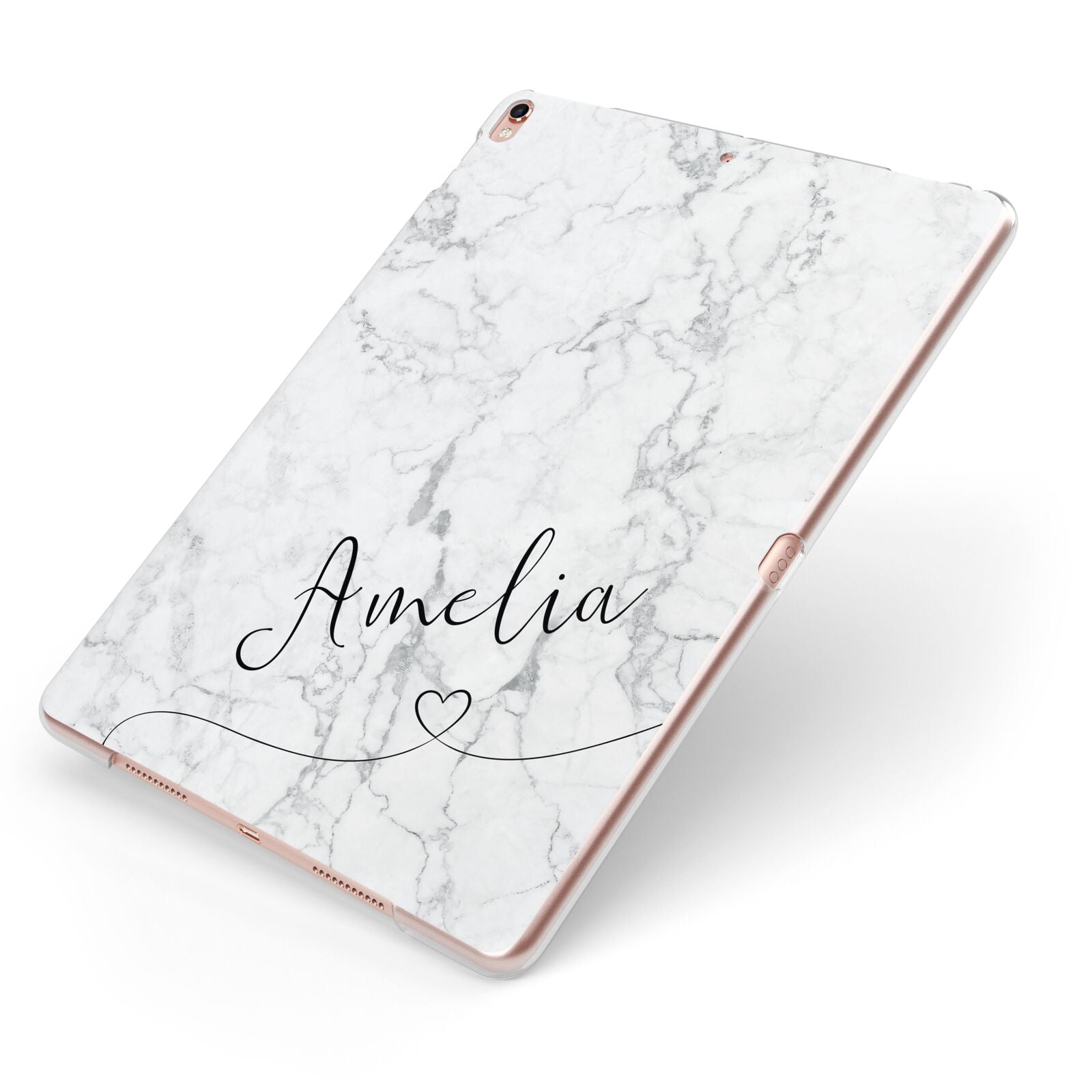 Marble with Custom Name Apple iPad Case on Rose Gold iPad Side View