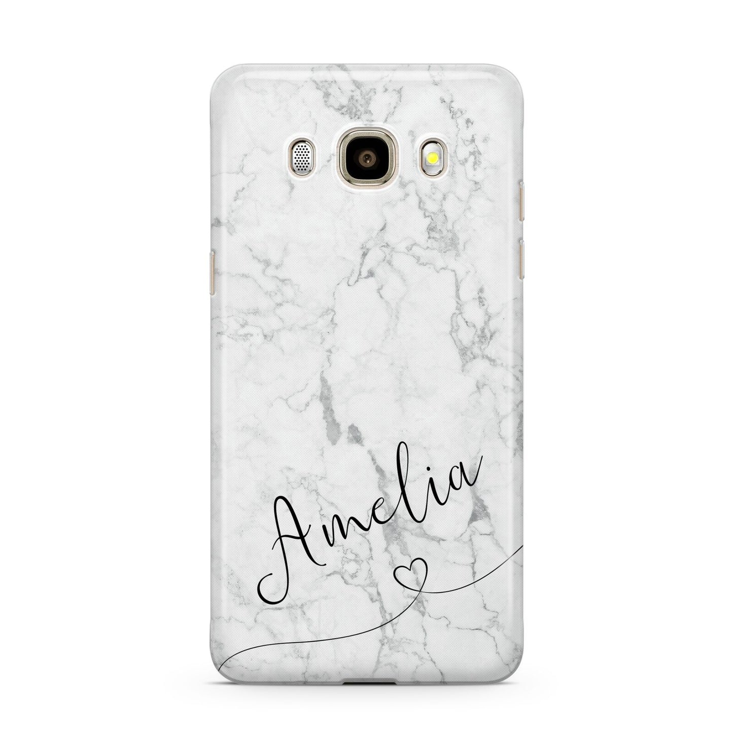 Marble with Custom Name Samsung Galaxy J7 2016 Case on gold phone