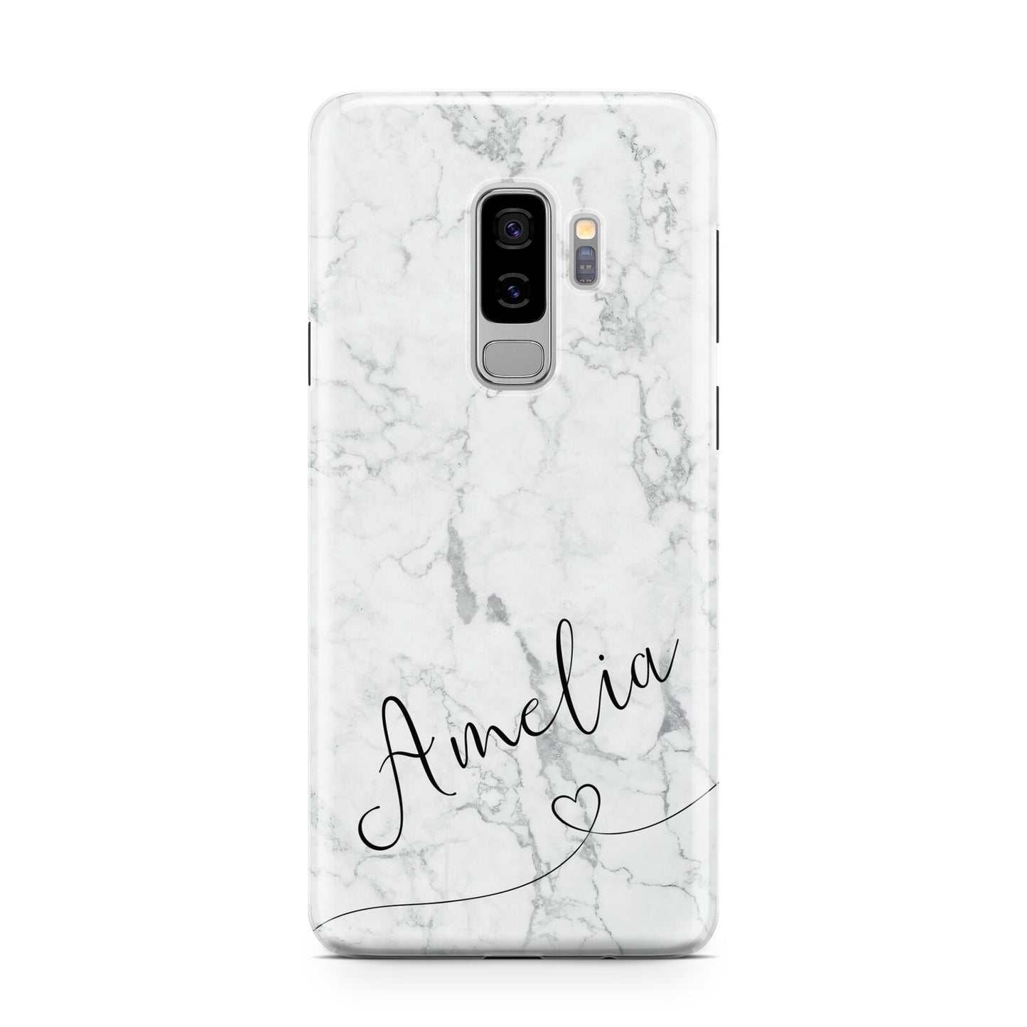 Marble with Custom Name Samsung Galaxy S9 Plus Case on Silver phone