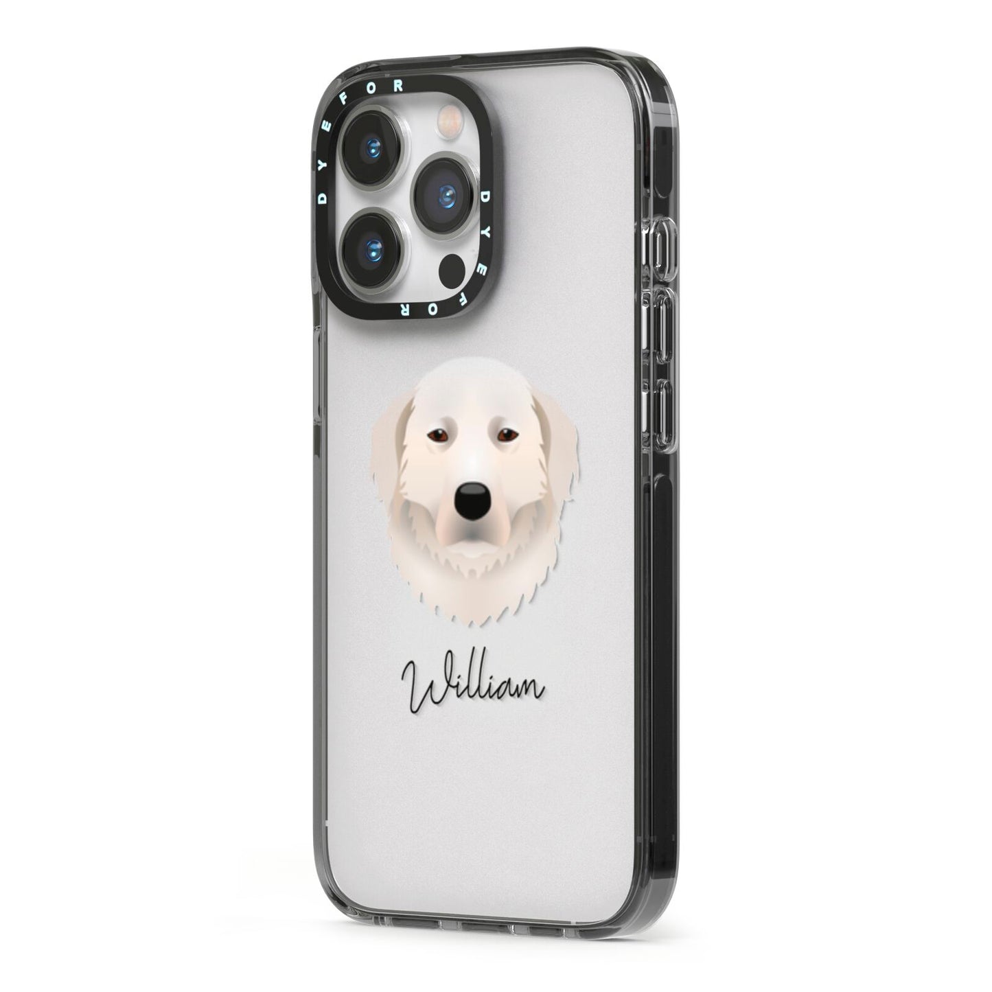 Maremma Sheepdog Personalised iPhone 13 Pro Black Impact Case Side Angle on Silver phone