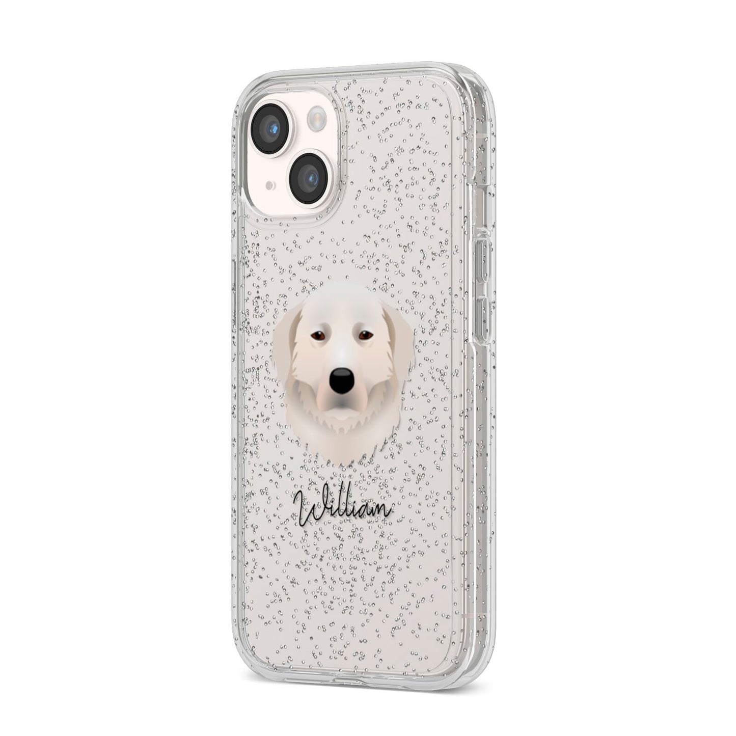 Maremma Sheepdog Personalised iPhone 14 Glitter Tough Case Starlight Angled Image