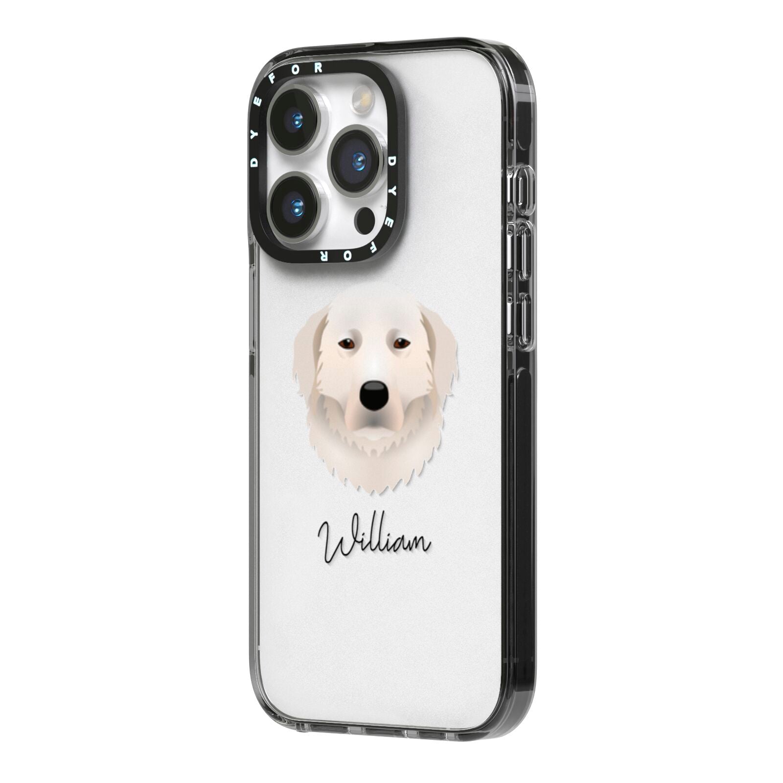 Maremma Sheepdog Personalised iPhone 14 Pro Black Impact Case Side Angle on Silver phone