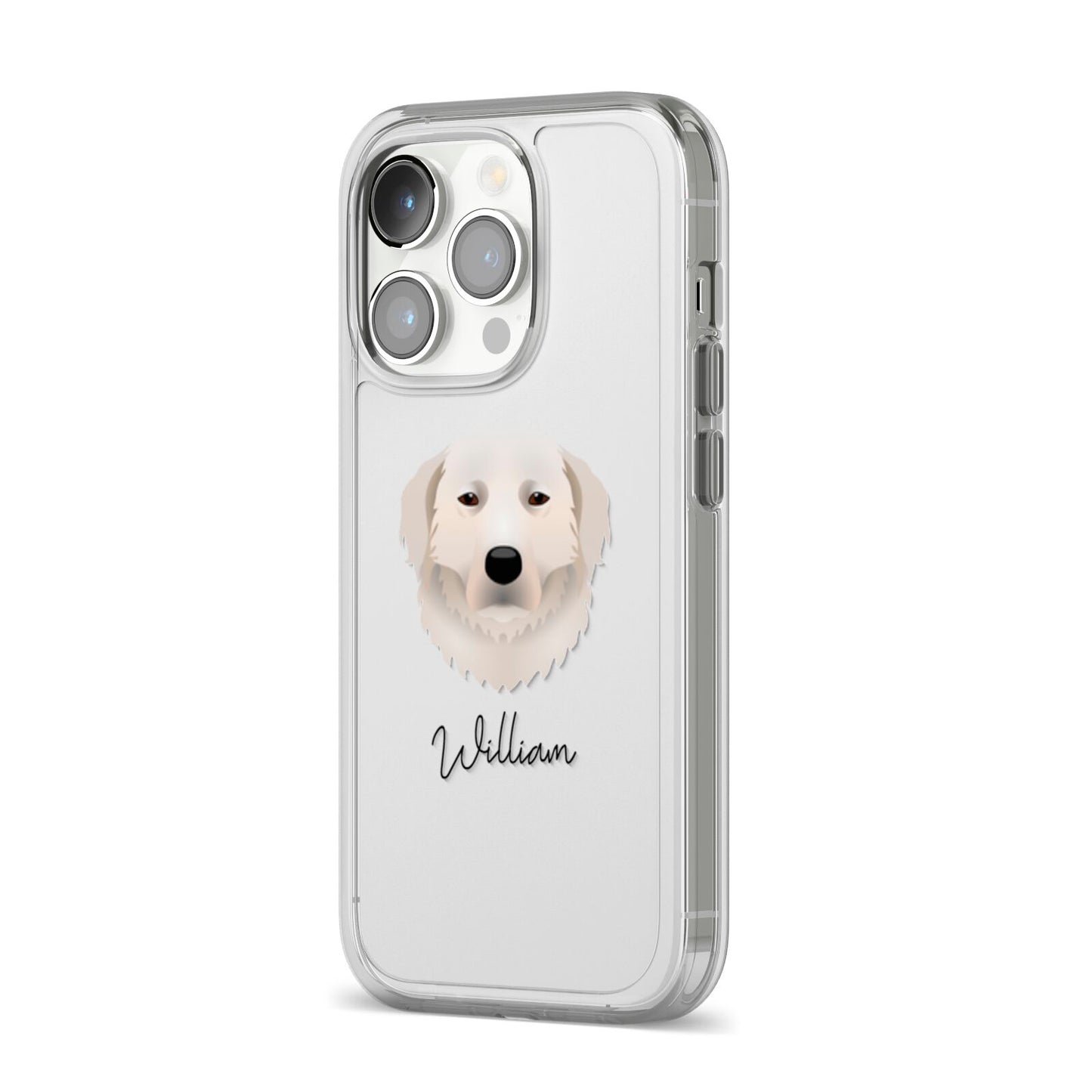 Maremma Sheepdog Personalised iPhone 14 Pro Clear Tough Case Silver Angled Image