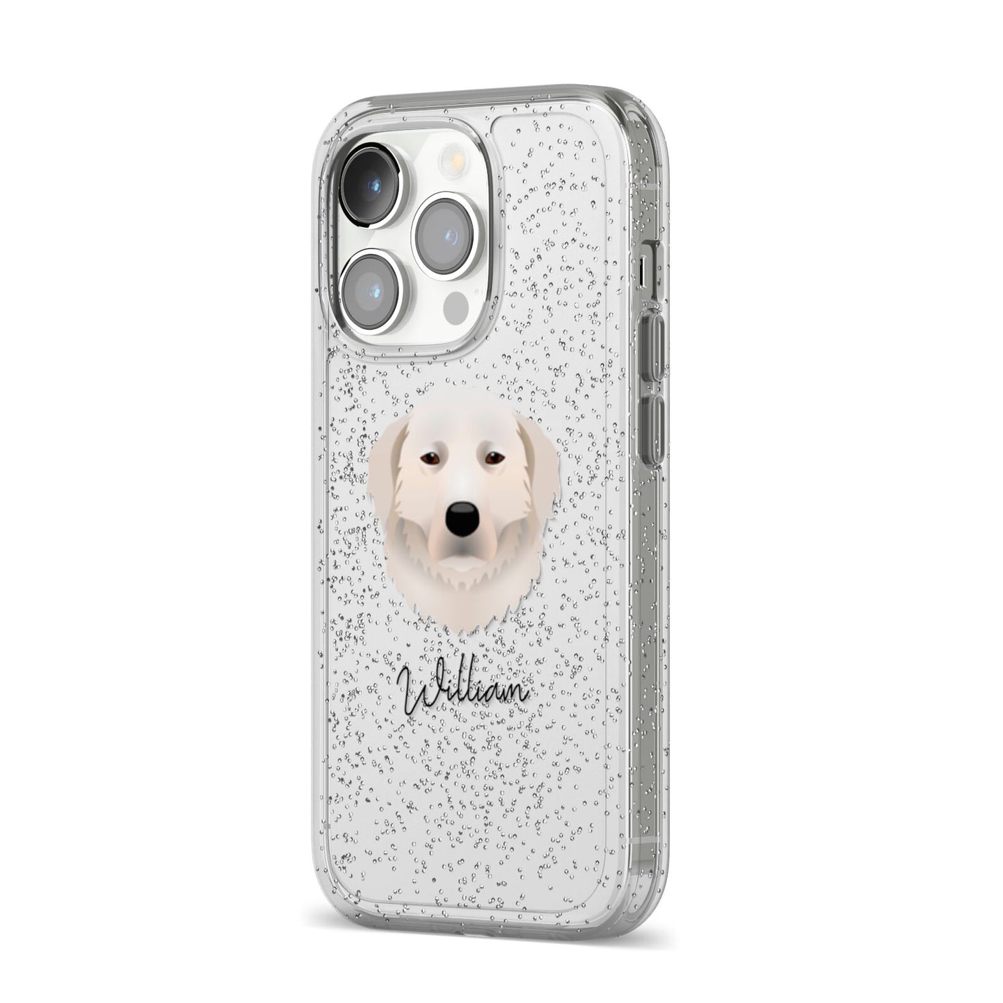 Maremma Sheepdog Personalised iPhone 14 Pro Glitter Tough Case Silver Angled Image