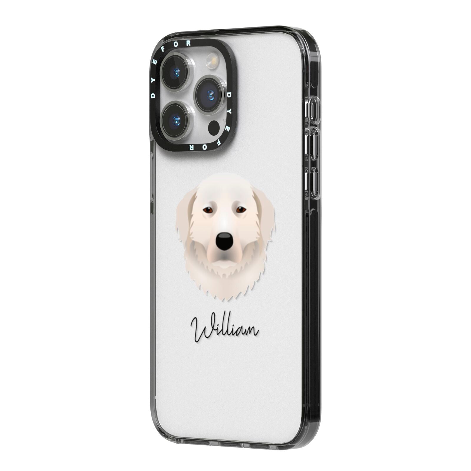 Maremma Sheepdog Personalised iPhone 14 Pro Max Black Impact Case Side Angle on Silver phone
