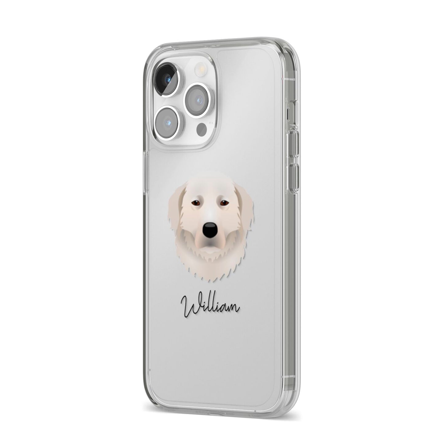 Maremma Sheepdog Personalised iPhone 14 Pro Max Clear Tough Case Silver Angled Image