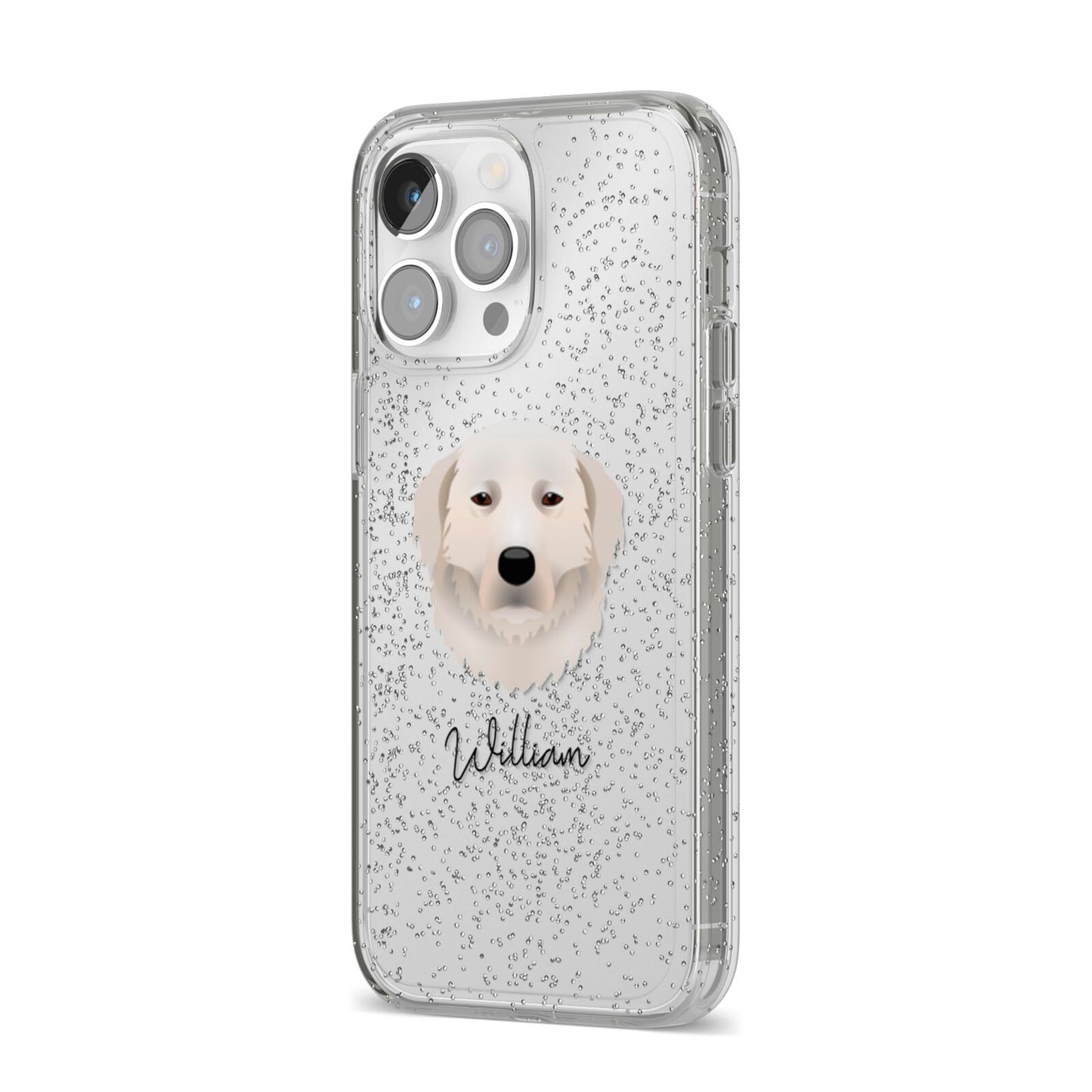 Maremma Sheepdog Personalised iPhone 14 Pro Max Glitter Tough Case Silver Angled Image