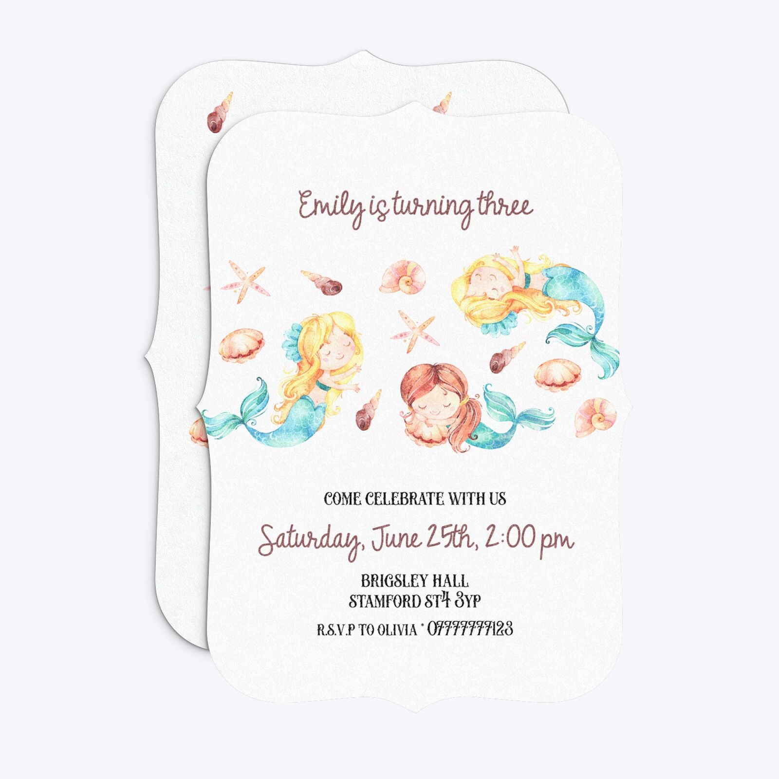 Mermaid Personalised Happy Birthday Bracket Invitation Glitter Front and Back Image