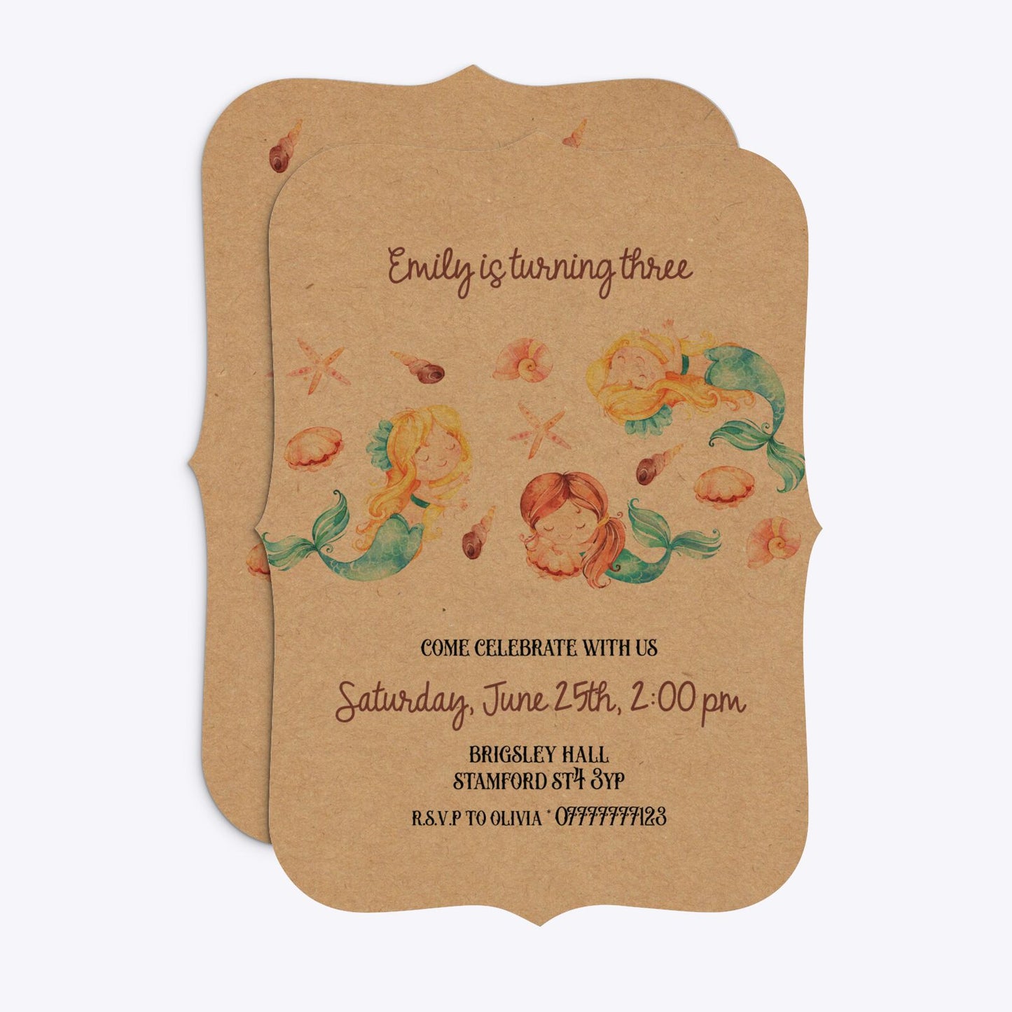 Mermaid Personalised Happy Birthday Bracket Invitation Kraft Front and Back Image