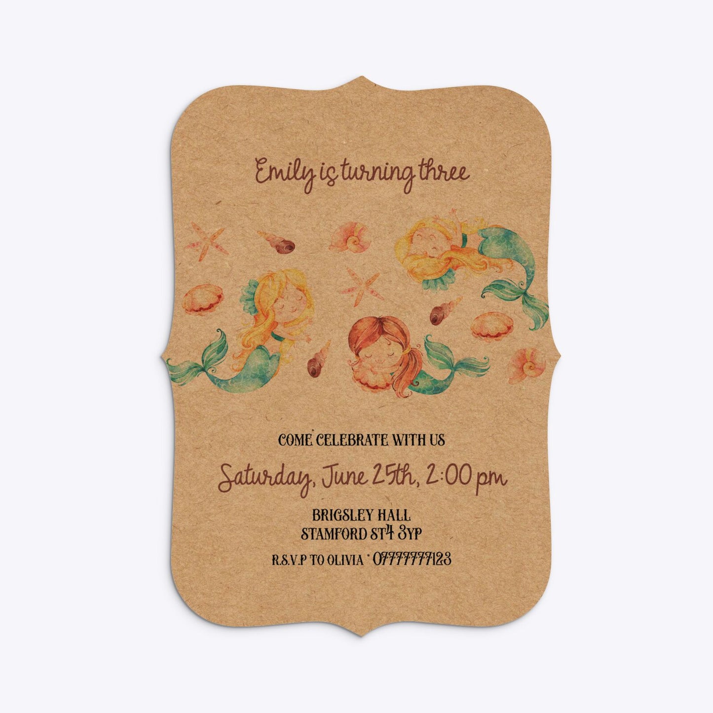 Mermaid Personalised Happy Birthday Bracket Invitation Kraft