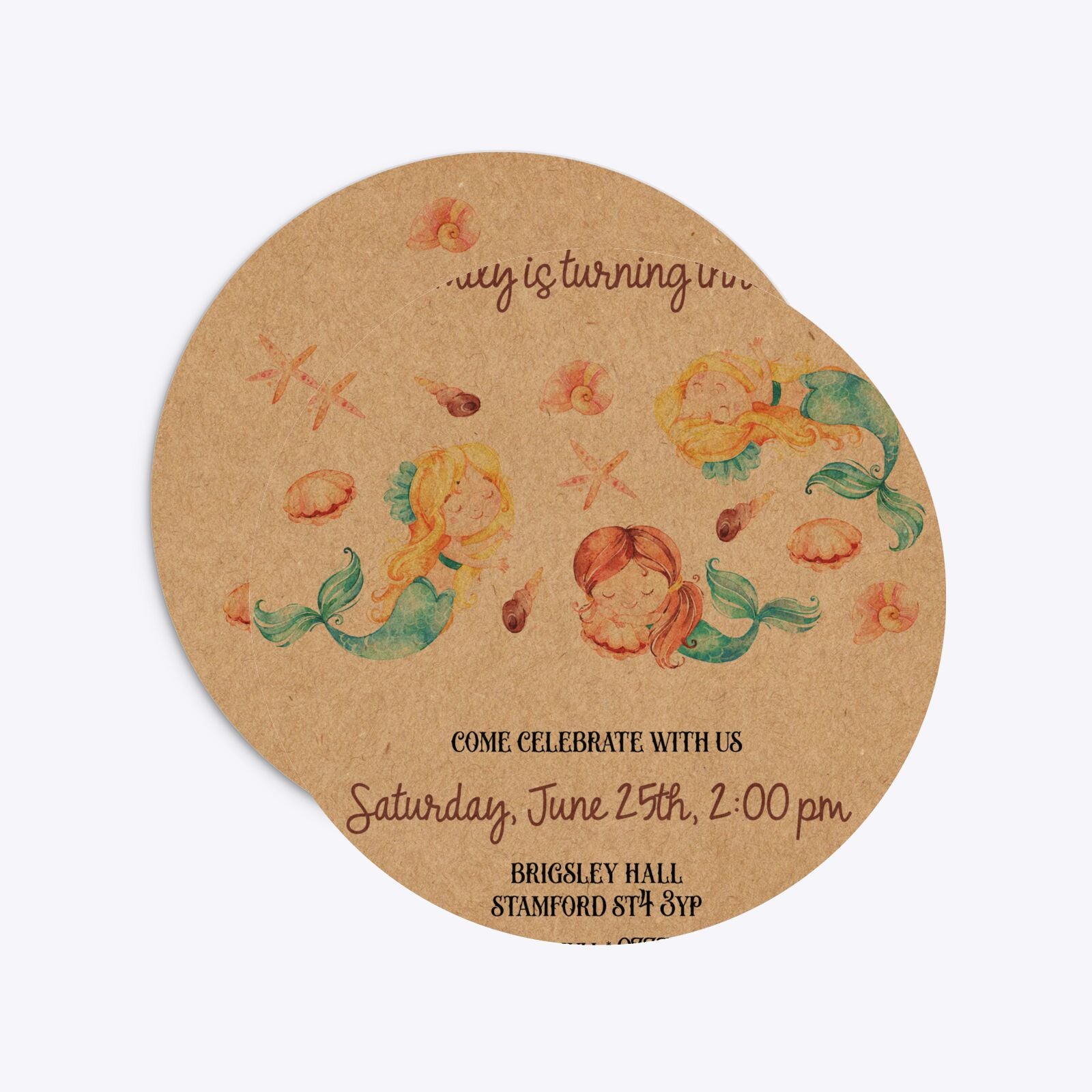 Mermaid Personalised Happy Birthday Circle 5 25x5 25 Invitation Kraft Front and Back Image