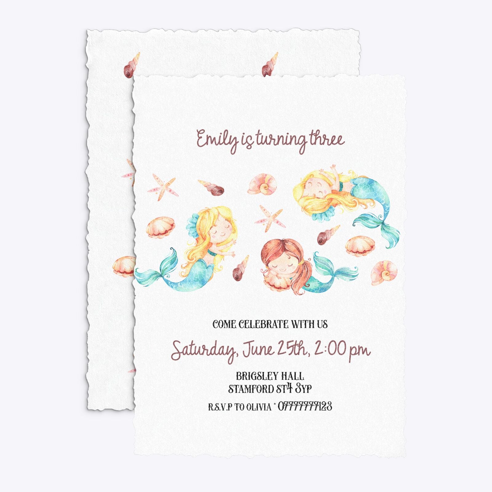 Mermaid Personalised Happy Birthday Deckle Invitation Glitter Front and Back Image